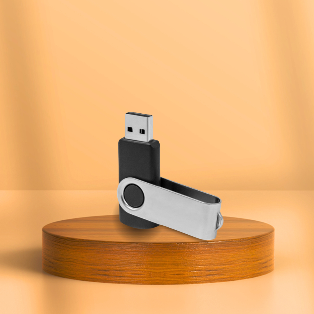 Swivel USB flash drive, black base with silver metal cap and dark indicator circle