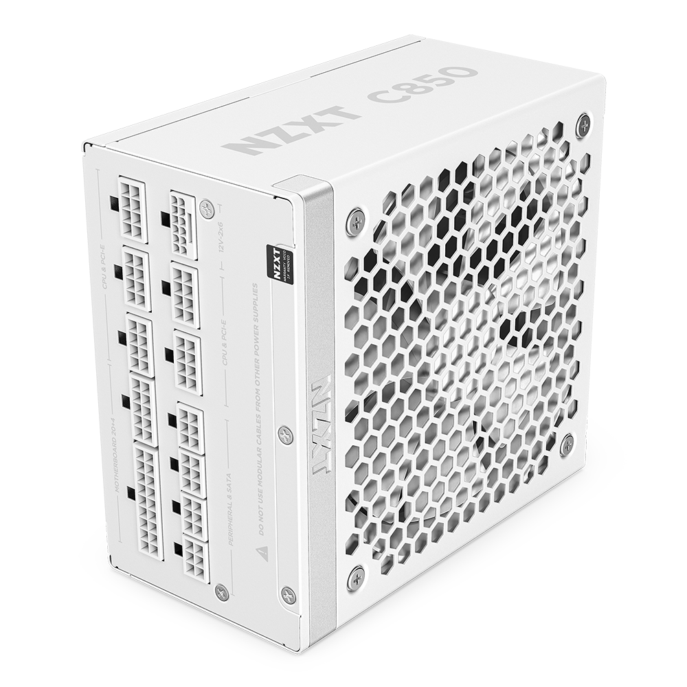 NZXT C850 ATX power supply with modular cable ports and honeycomb vent grille, white.