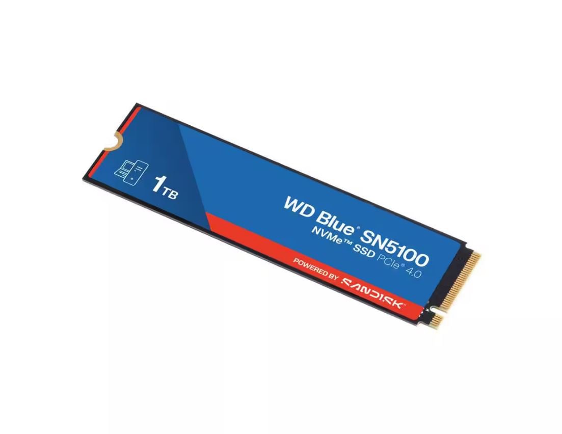 WD Blue SN5100 1TB PCIe 4.0 NVMe M.2 2280 internal SSD, angled top view