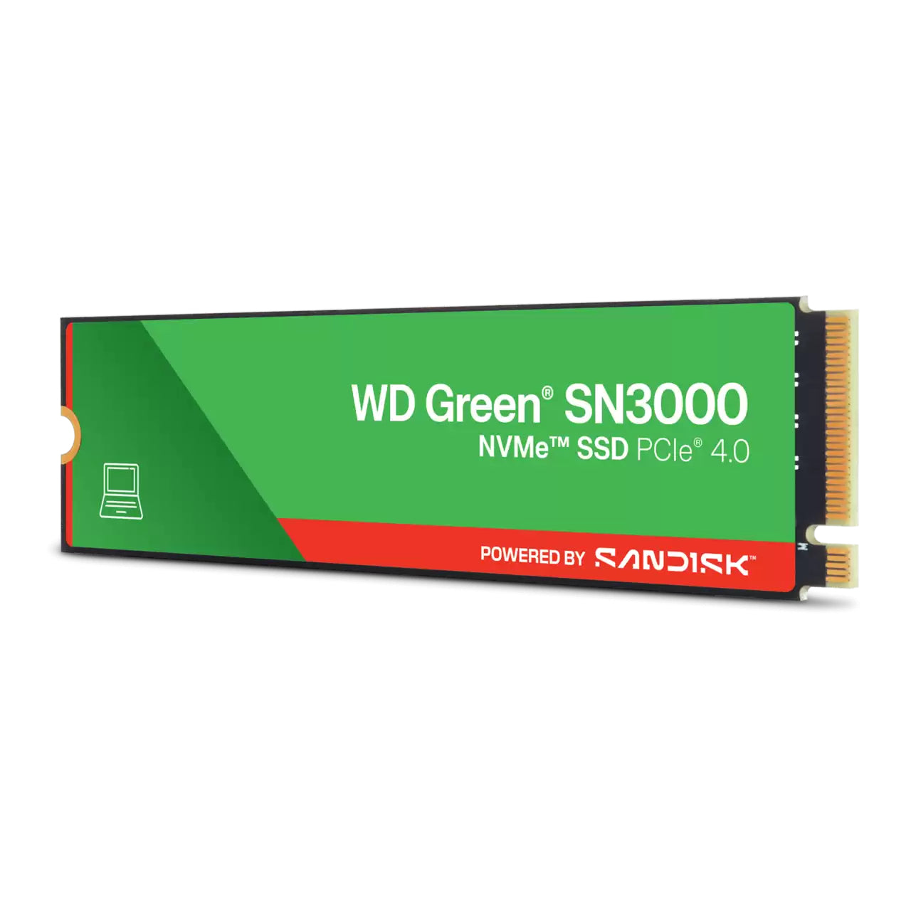 WD Green SN3000 NVMe M.2 2280 internal SSD, green PCB with gold edge contacts.