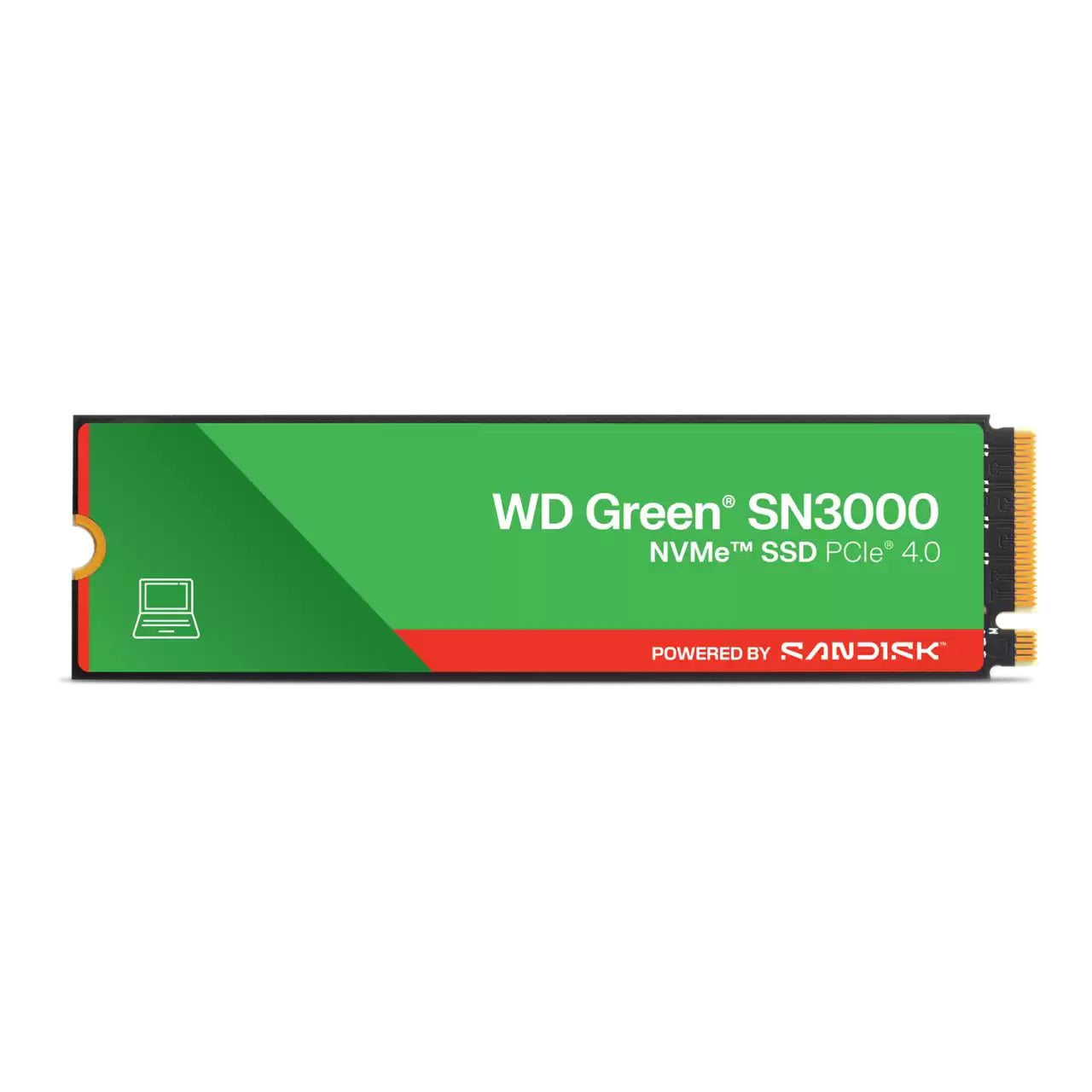 WD Green SN3000 NVMe M.2 2280 SSD, green board with gold edge pins on right side.