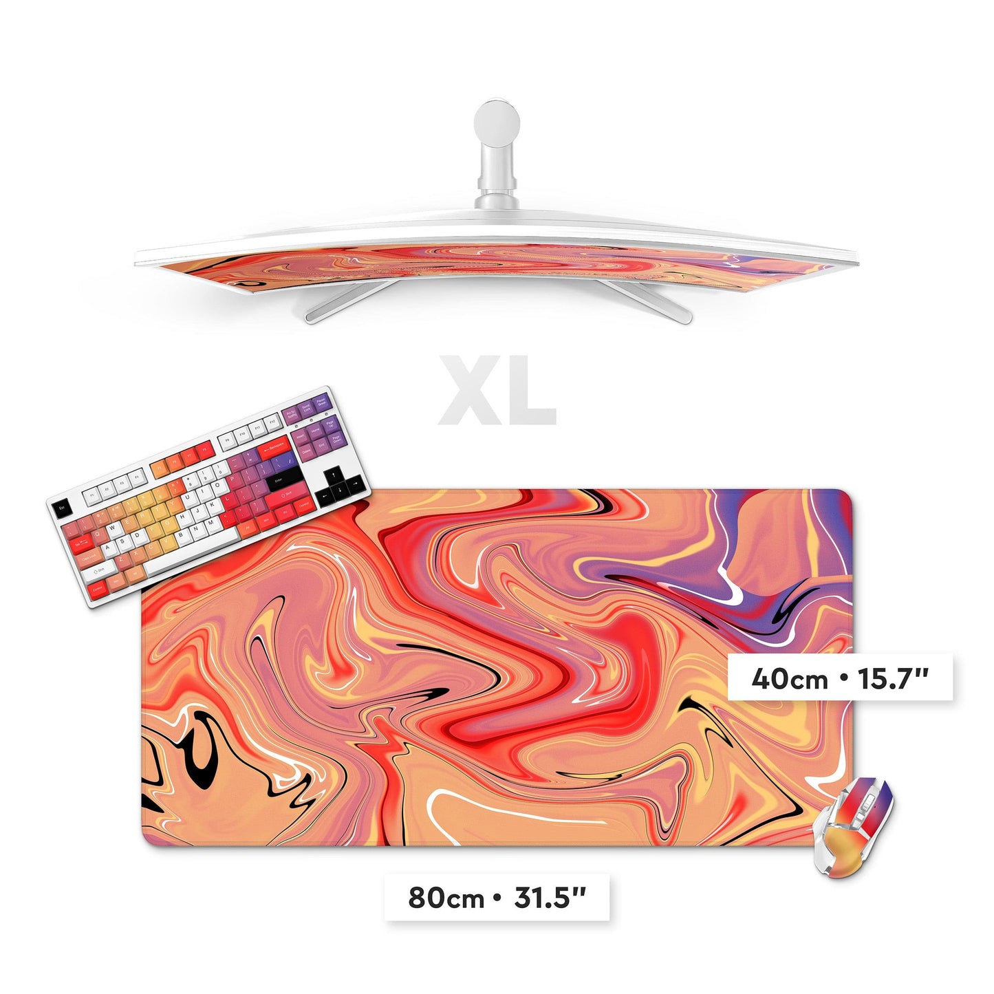 XL gaming desk mat with orange and pink abstract swirl design, 80cm x 31.5in