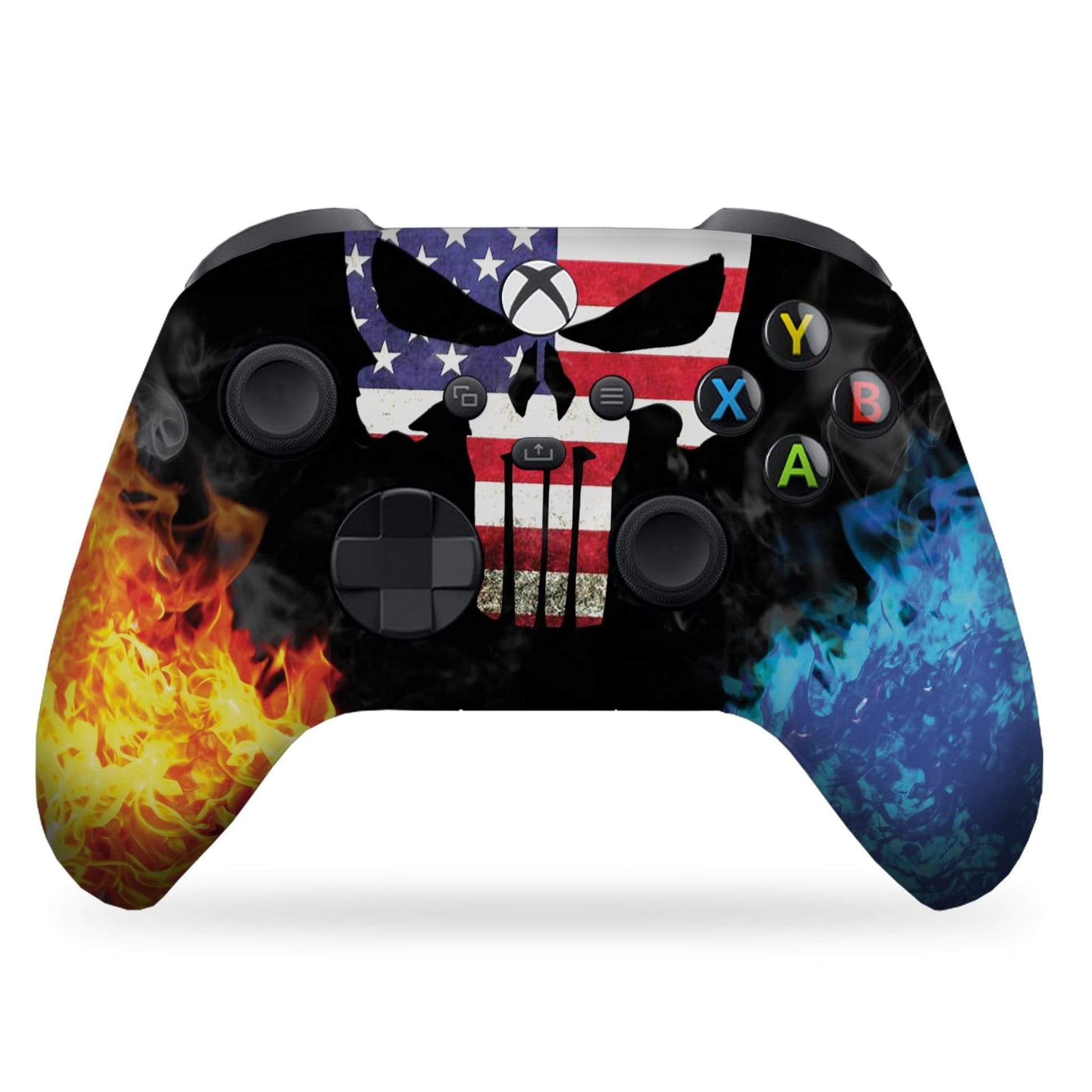Black Xbox Series X/S controller with American flag eagle and fire/blue flames wrap.