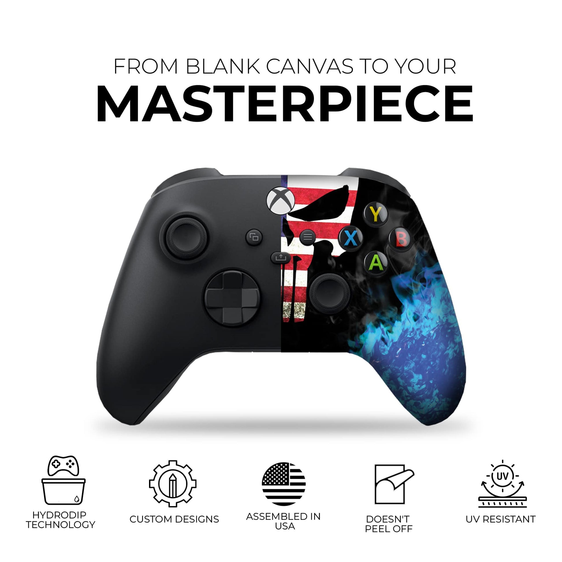 Xbox Series X/S controller front view with American flag skull, flame left and blue right art.