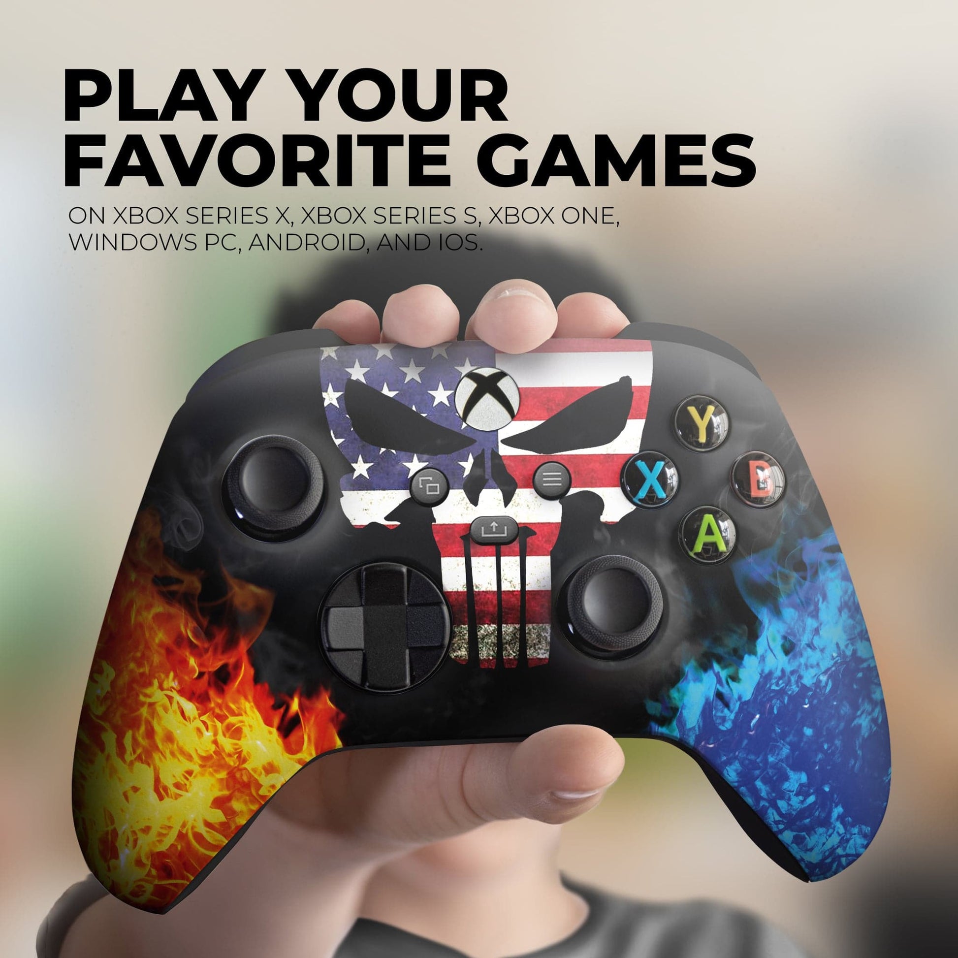 Xbox Series X/S controller with American flag skull graphic, fire left and blue flames right.