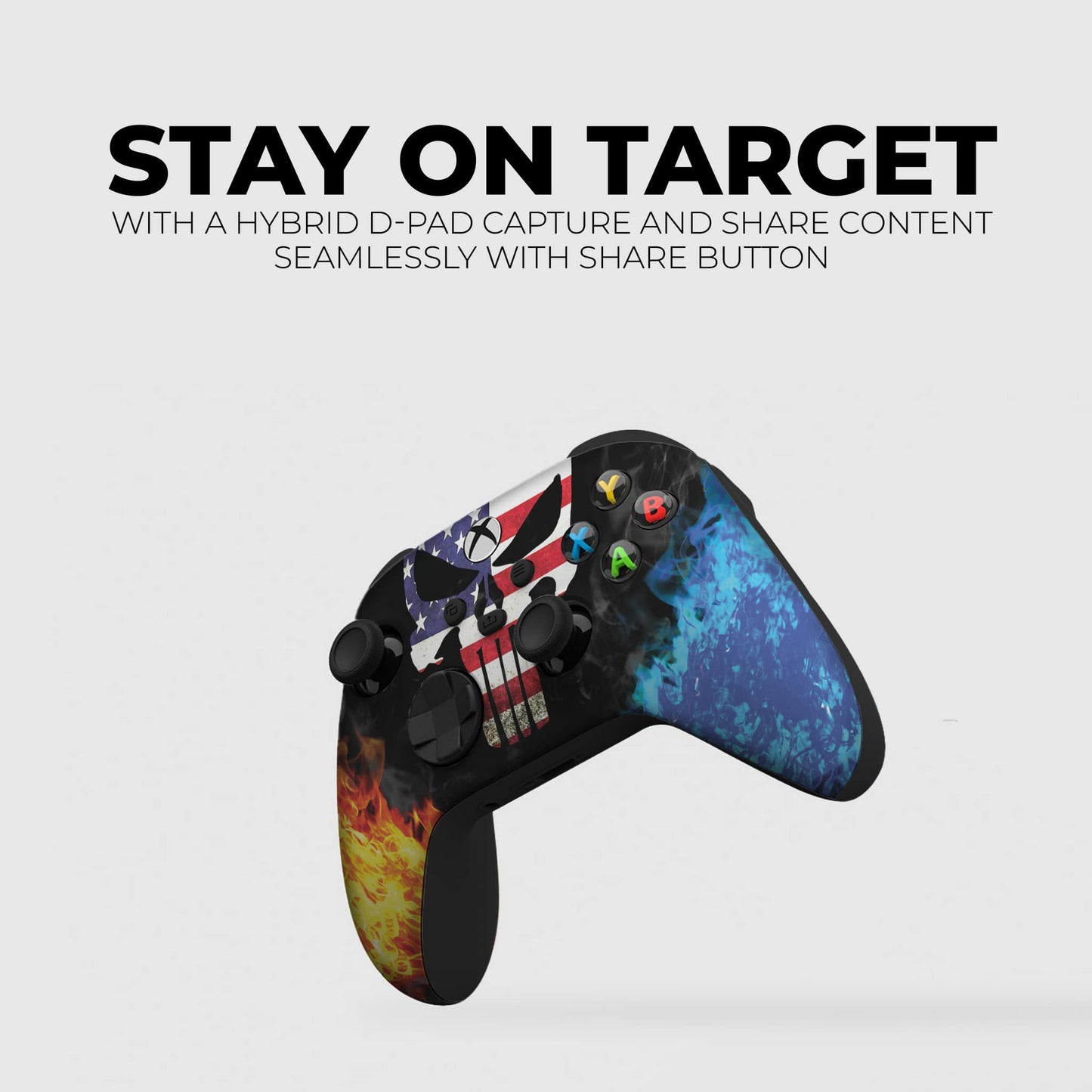 Xbox Series X/S controller with American skull and eagle wings, fire and blue splash design.