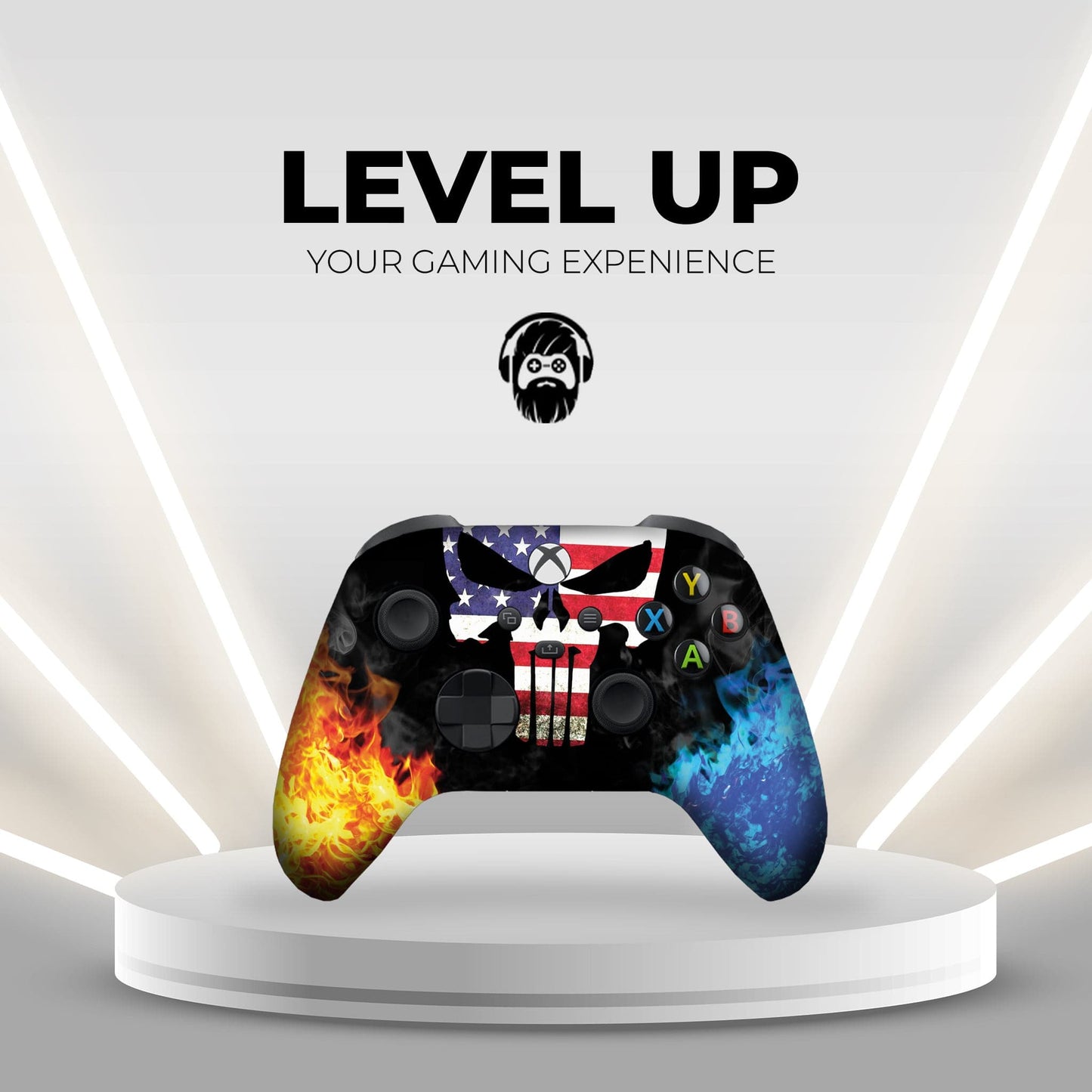Xbox Series X/S controller with American flag skull emblem and fire/blue flames artwork.
