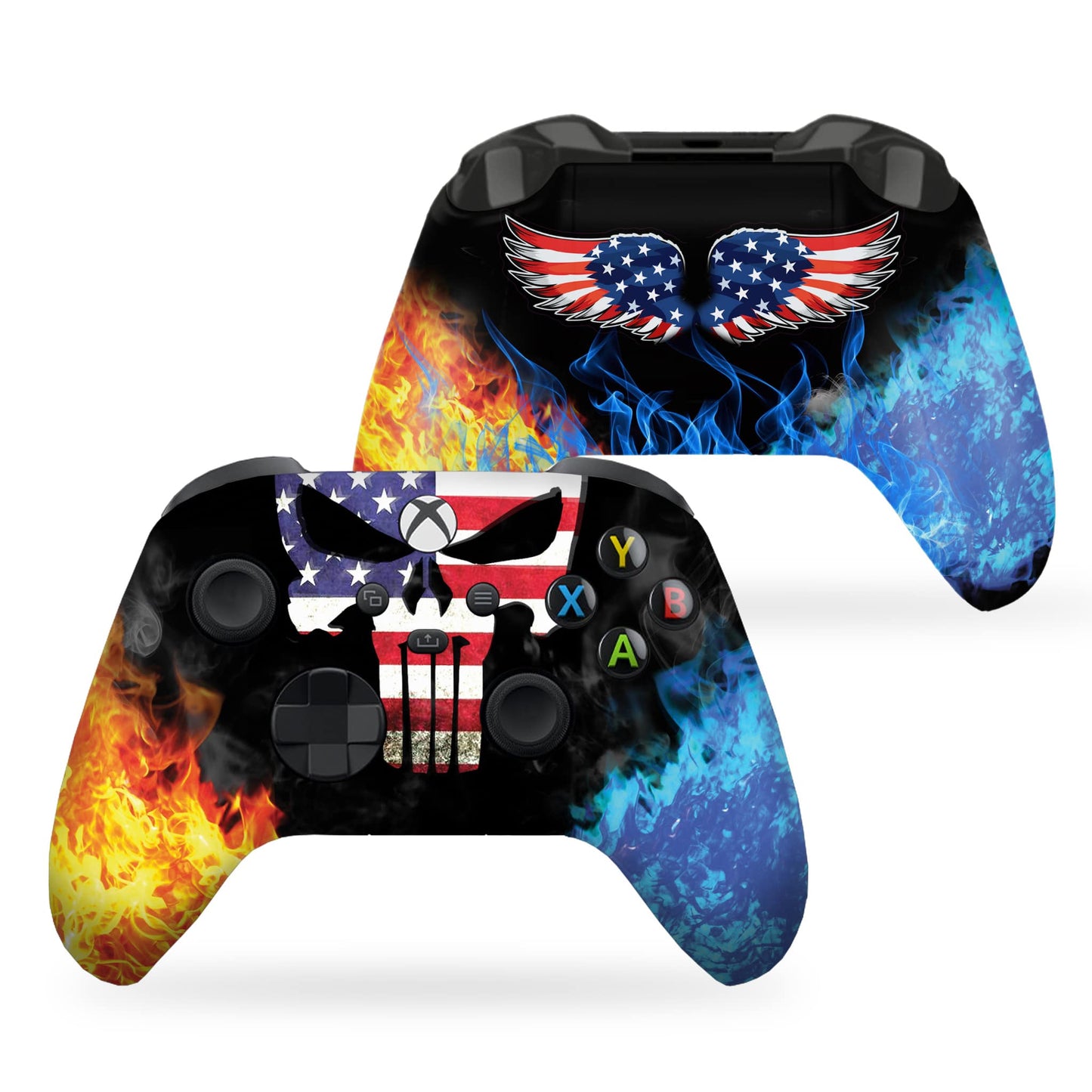 Xbox Series X/S controller back view with American eagle wings and split fire and blue flames.