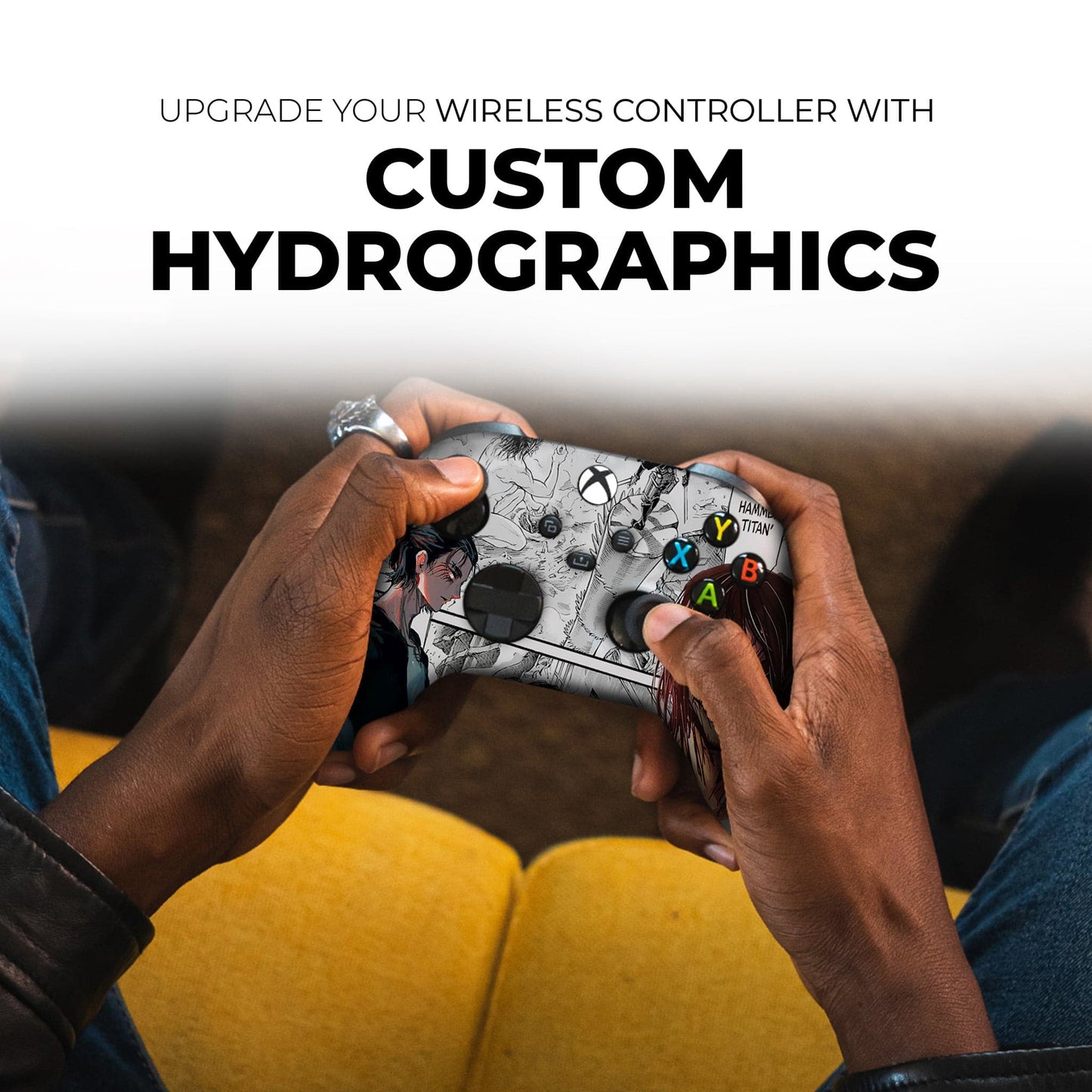 Xbox Series X/S controller with anime artwork, black thumbsticks and button layout