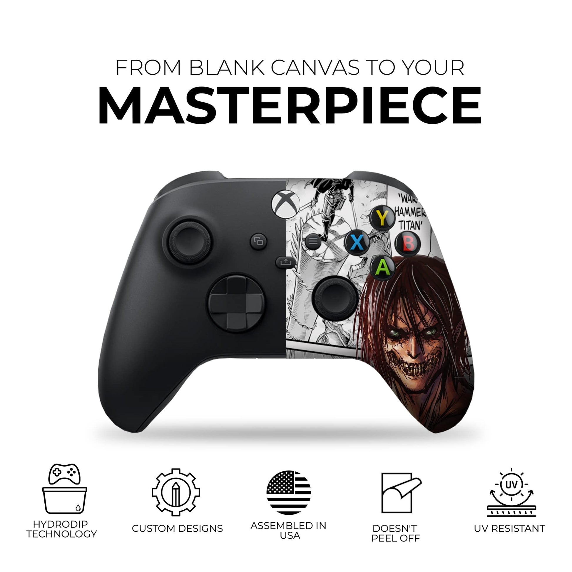Xbox Series X/S controller with black body and anime artwork, black thumbsticks and triggers