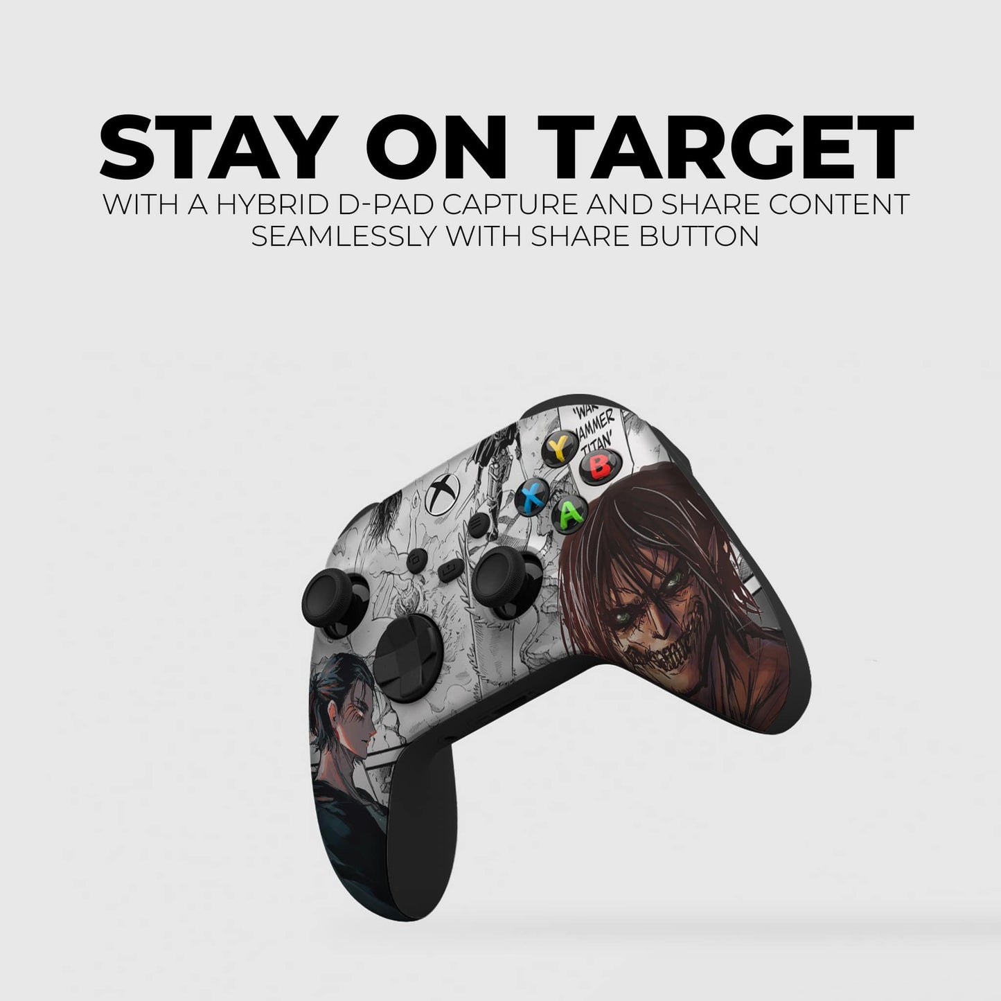 Xbox Series X/S controller with anime artwork on back shell, black thumbstick and triggers