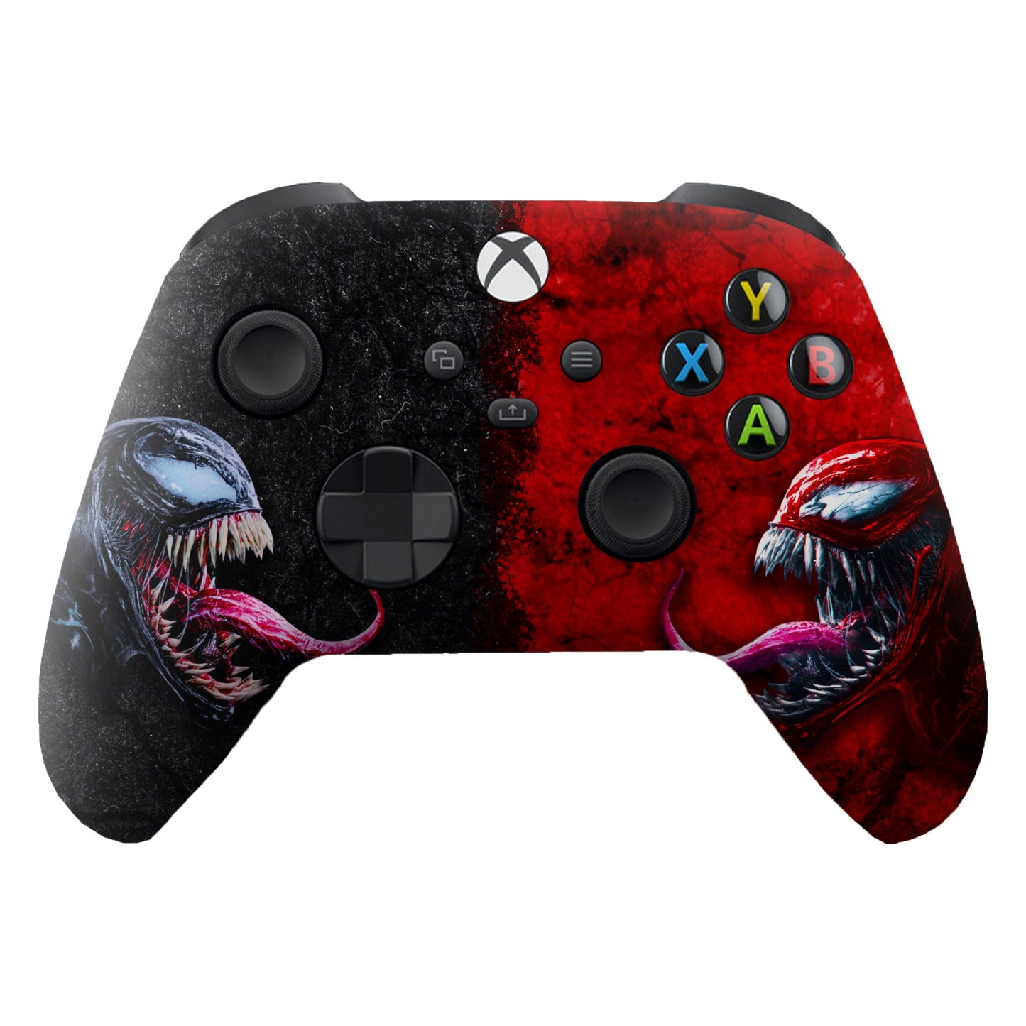 Xbox controller with black and red venom/carnage face artwork, A/B/X/Y buttons