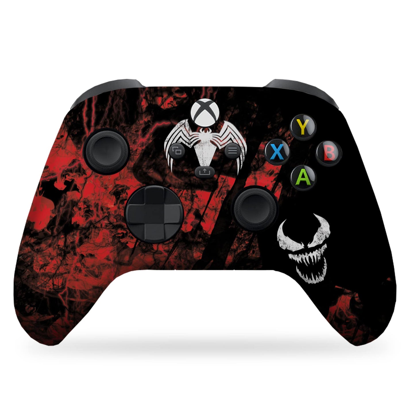 Xbox Series X/S wireless controller with red-and-black carnage print and white skull graphic