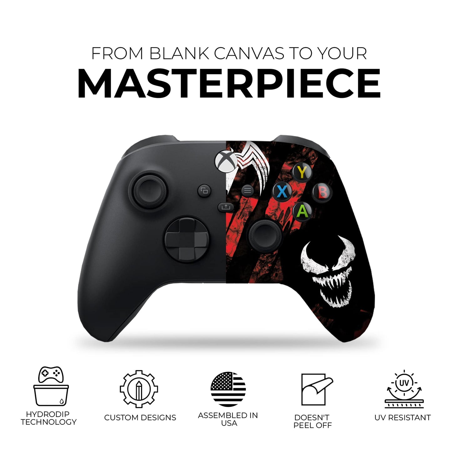 Xbox Series X/S wireless controller with red-and-black carnage print on black body