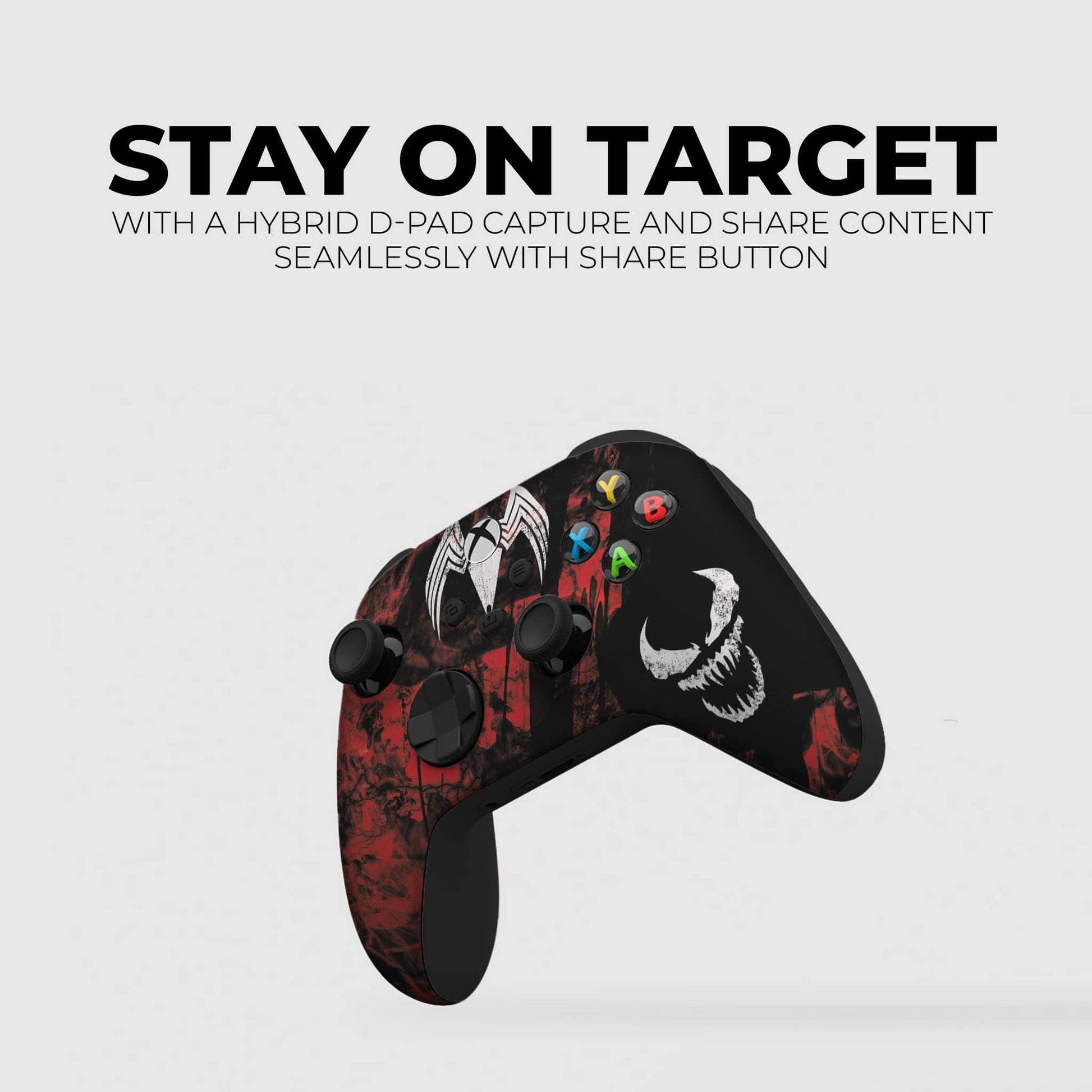 Xbox Series X/S wireless controller angled view, red-and-black carnage and skull graphics