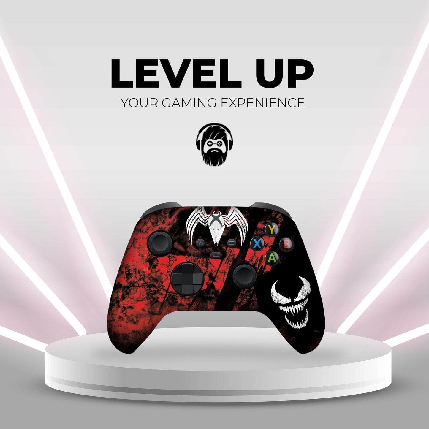 Xbox Series X/S wireless controller on stand, red-and-black carnage print with skull