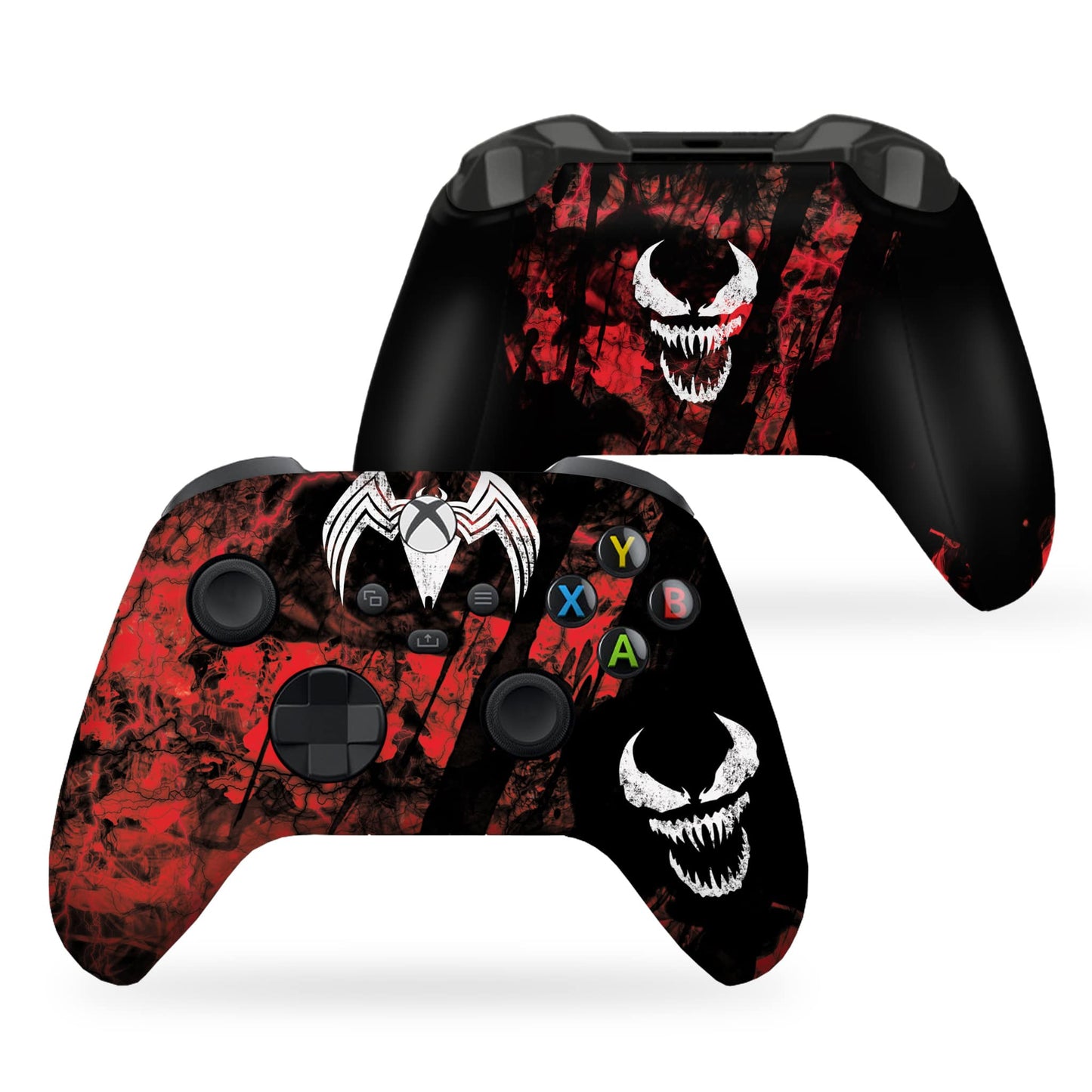 Xbox Series X/S wireless controller with red-and-black carnage print and white skull graphic