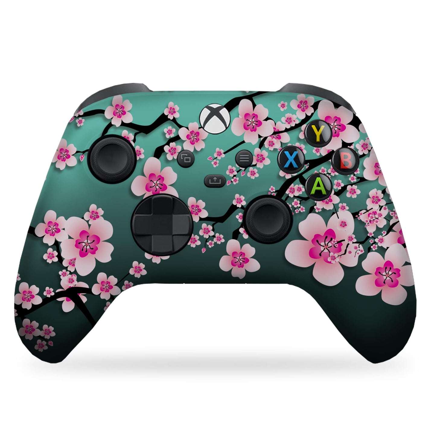 Teal game controller with pink cherry blossom floral print and black buttons