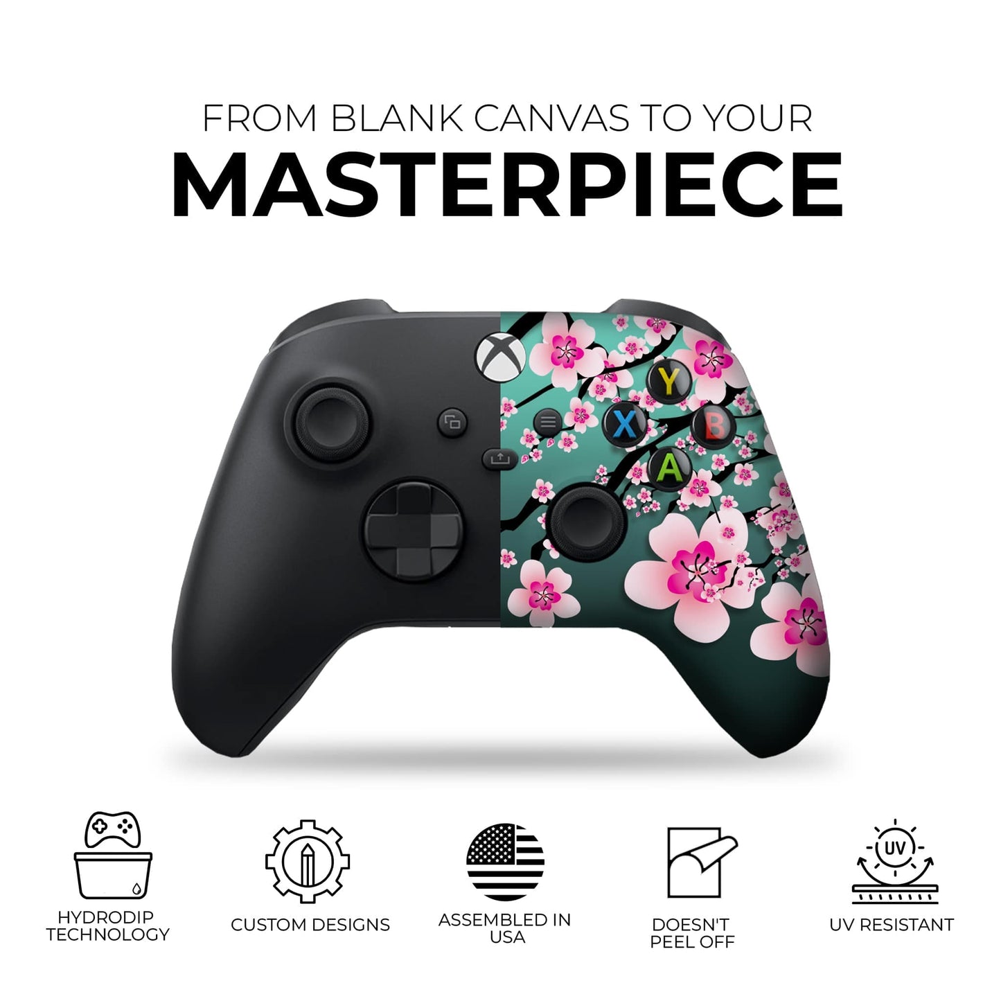 Black and teal game controller with pink cherry blossom floral print on right