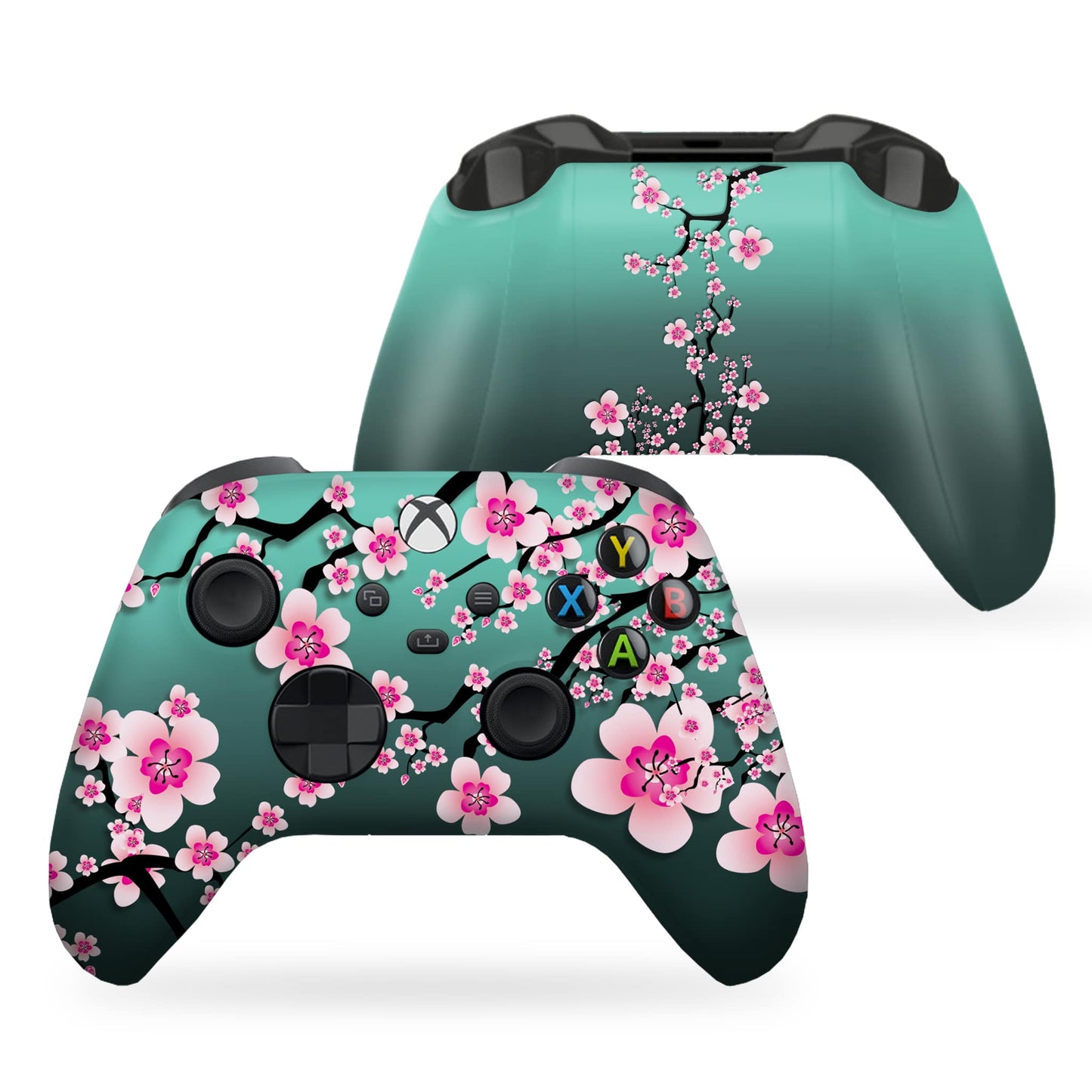 Teal game controller with pink cherry blossom floral print, angled side view