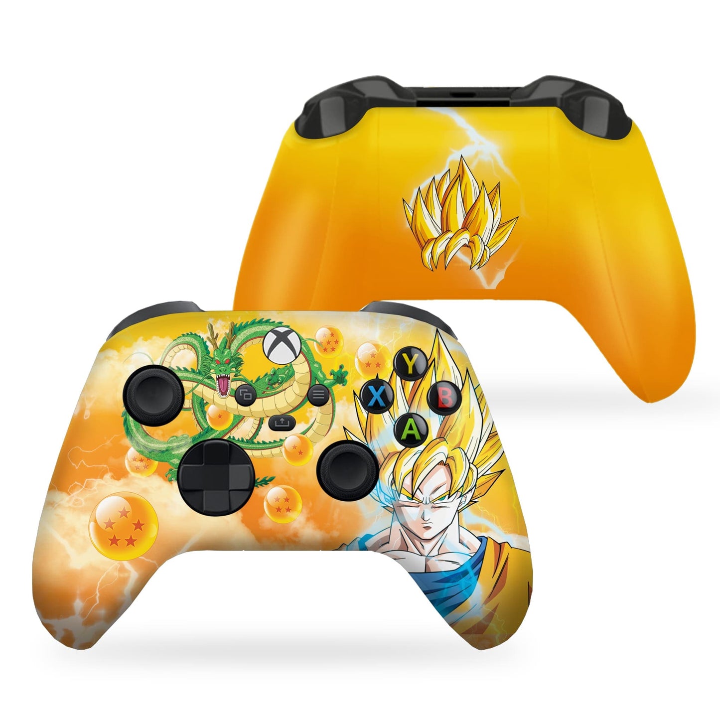 Xbox Series X/S controller with yellow back shell and Goku artwork front panel, black grips