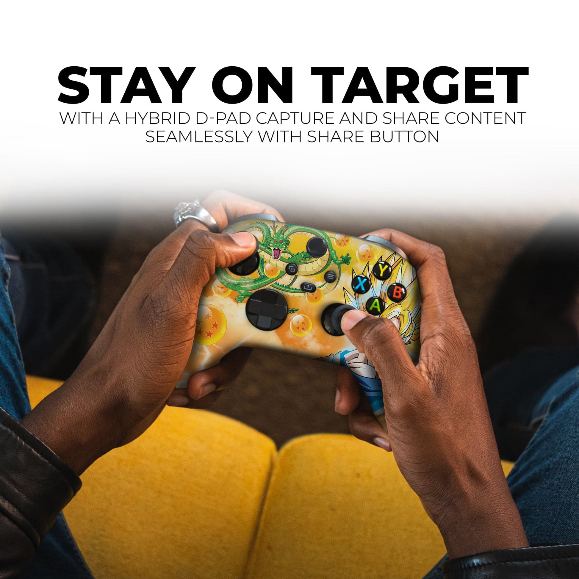Xbox Series X/S controller held by two hands with Goku and Shenron themed front art