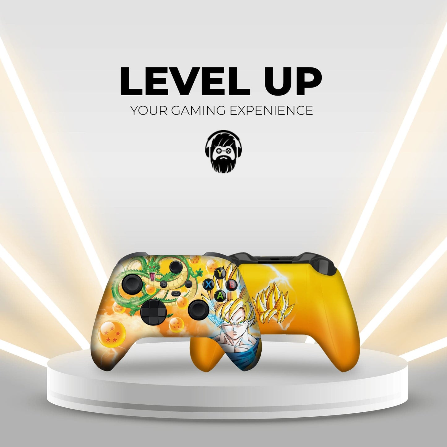 Xbox Series X/S controller showing front Goku artwork and yellow back shell