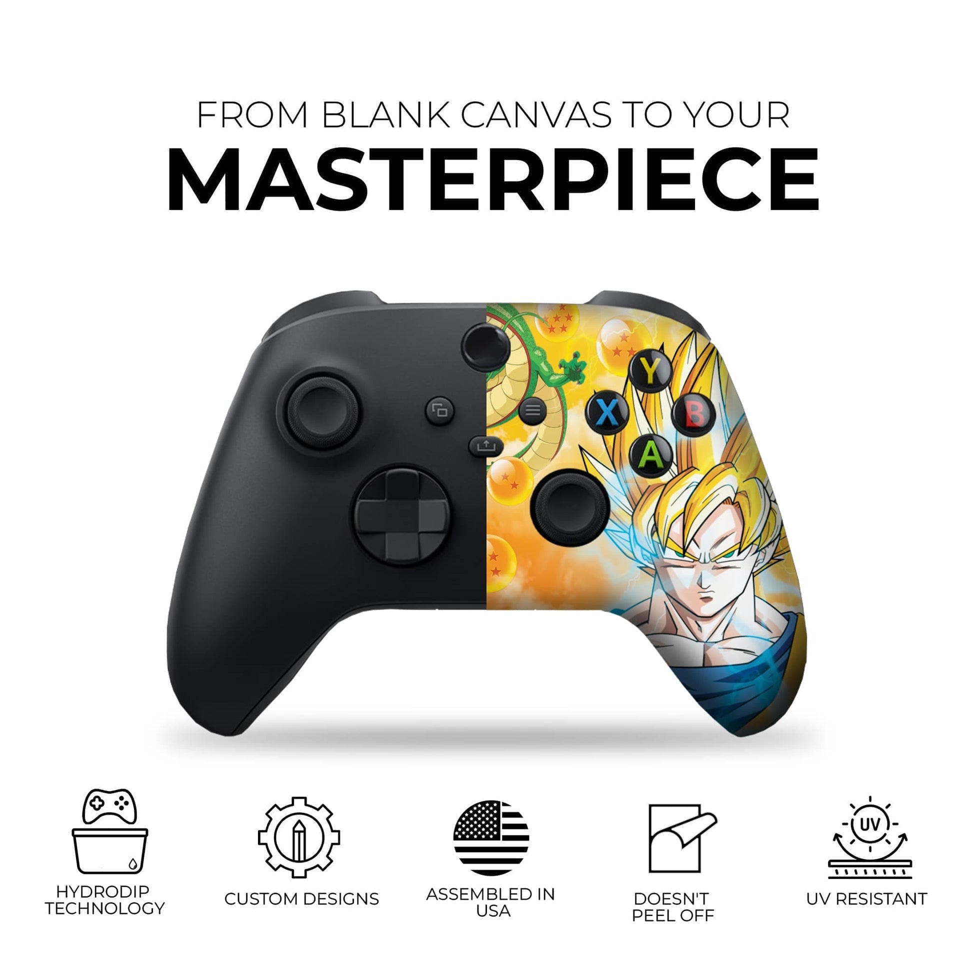 Xbox controller with black body and Goku themed front art panel, black thumbsticks