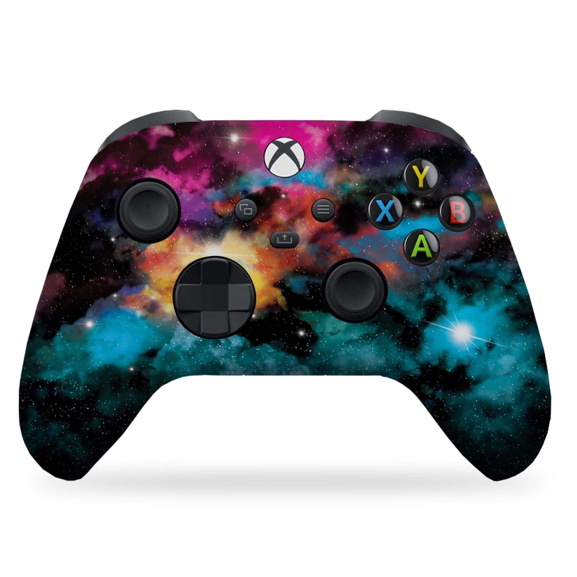 Xbox controller with galaxy printed face, black thumbsticks and D-pad buttons.