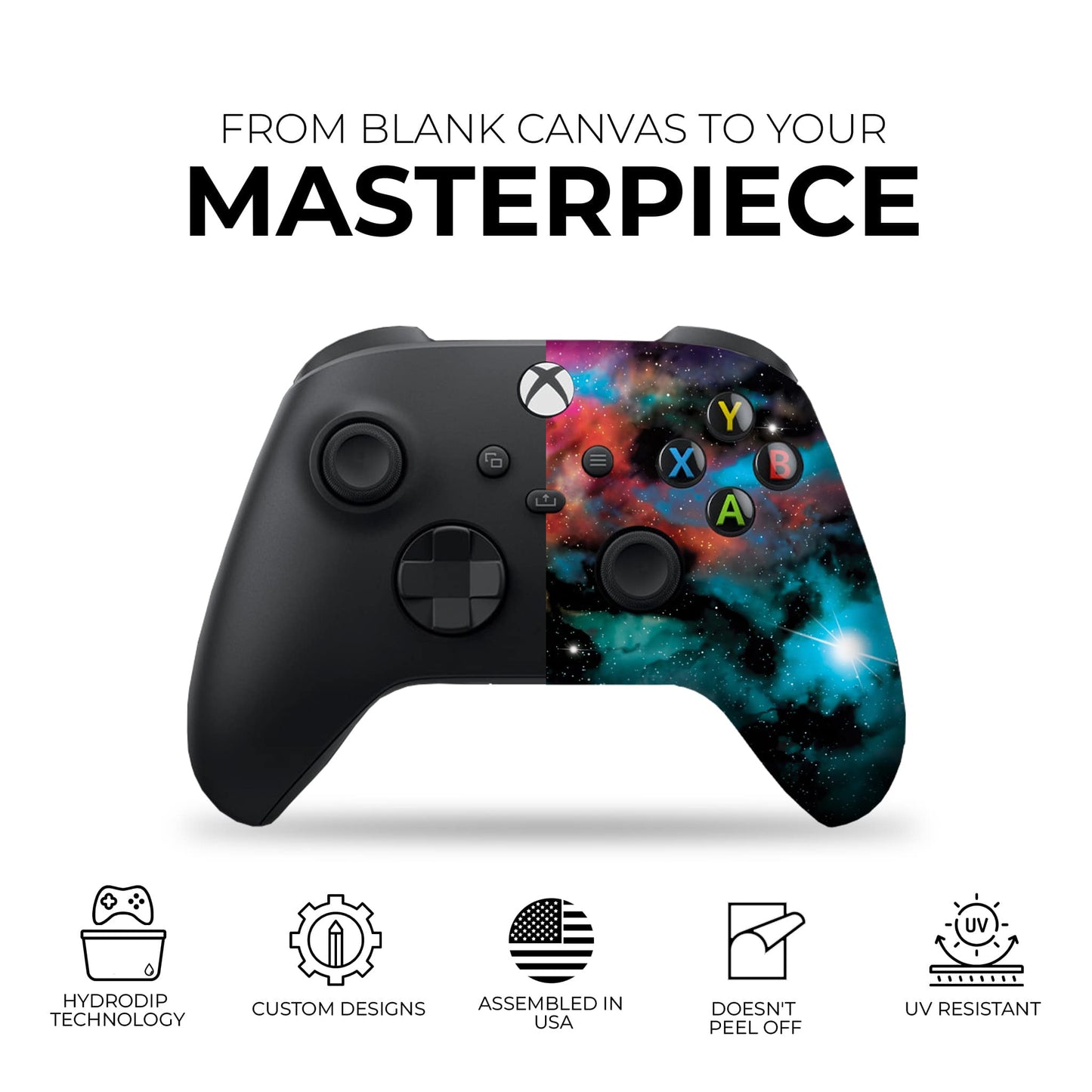 Xbox controller with black shell and galaxy print on the front panel around buttons.