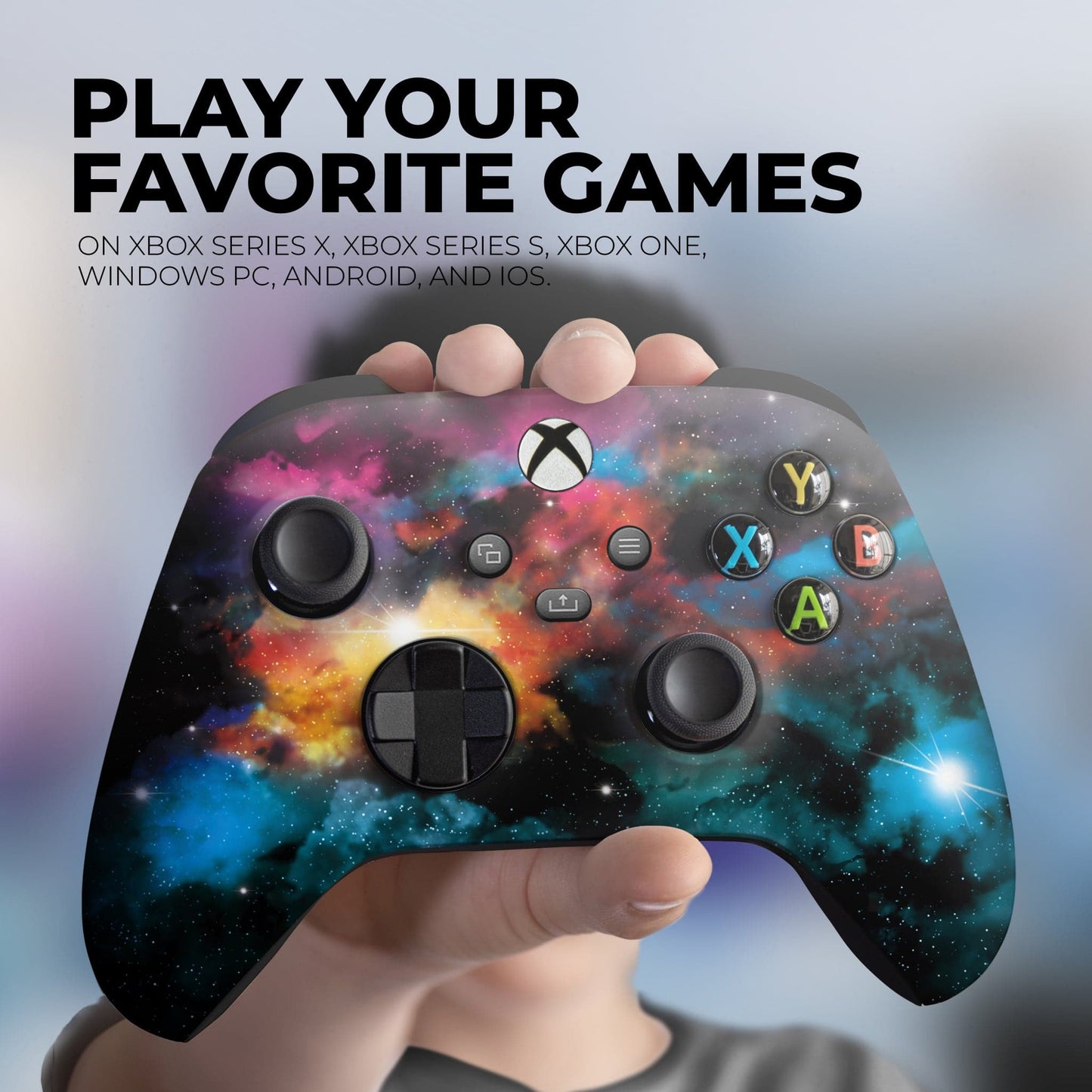 Xbox Elite Series 2 controller held in hand, galaxy hydro-dip face and buttons