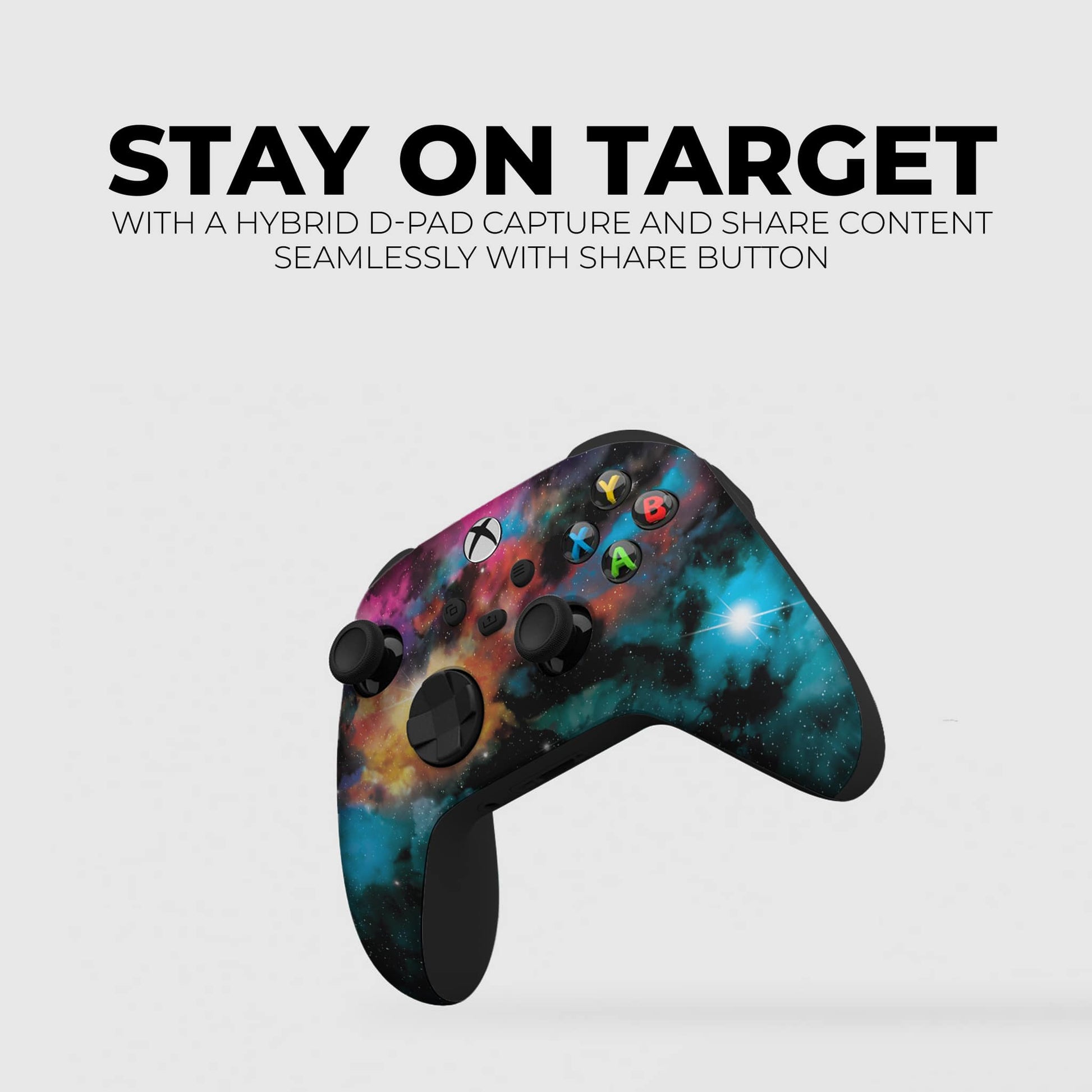 Xbox controller with galaxy print on the front, black thumbsticks and directional pad.