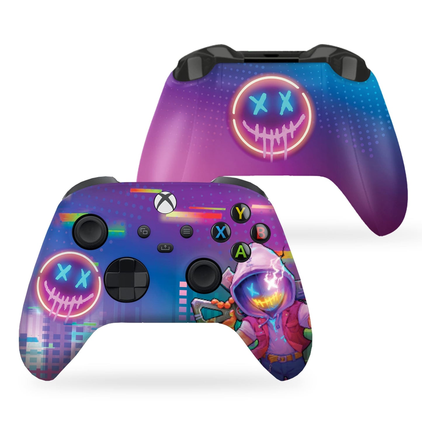 Purple Xbox controller with neon skull grin graphic and colored ABXY button icons.