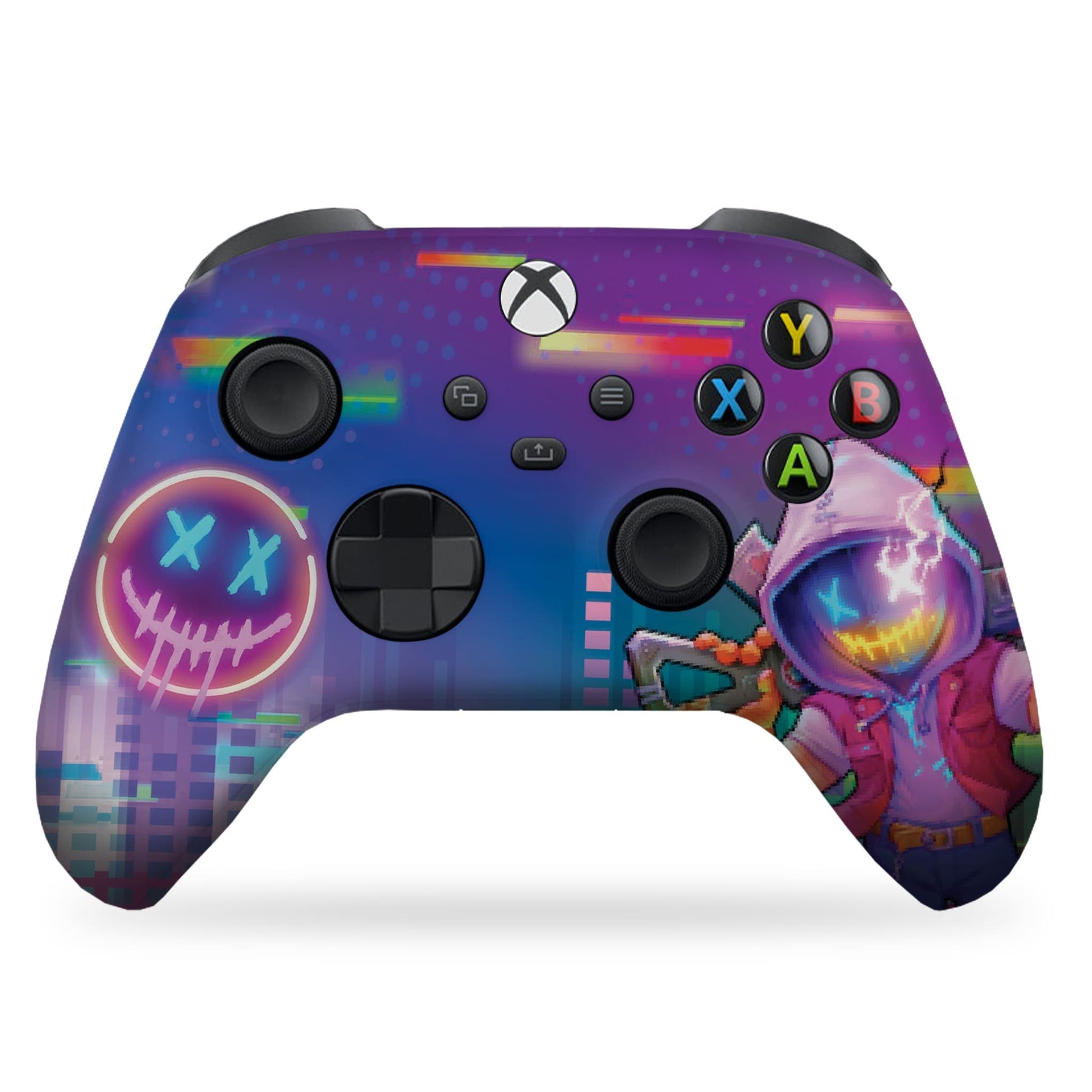 Purple gaming controller with neon skull face and colorful button and action artwork.
