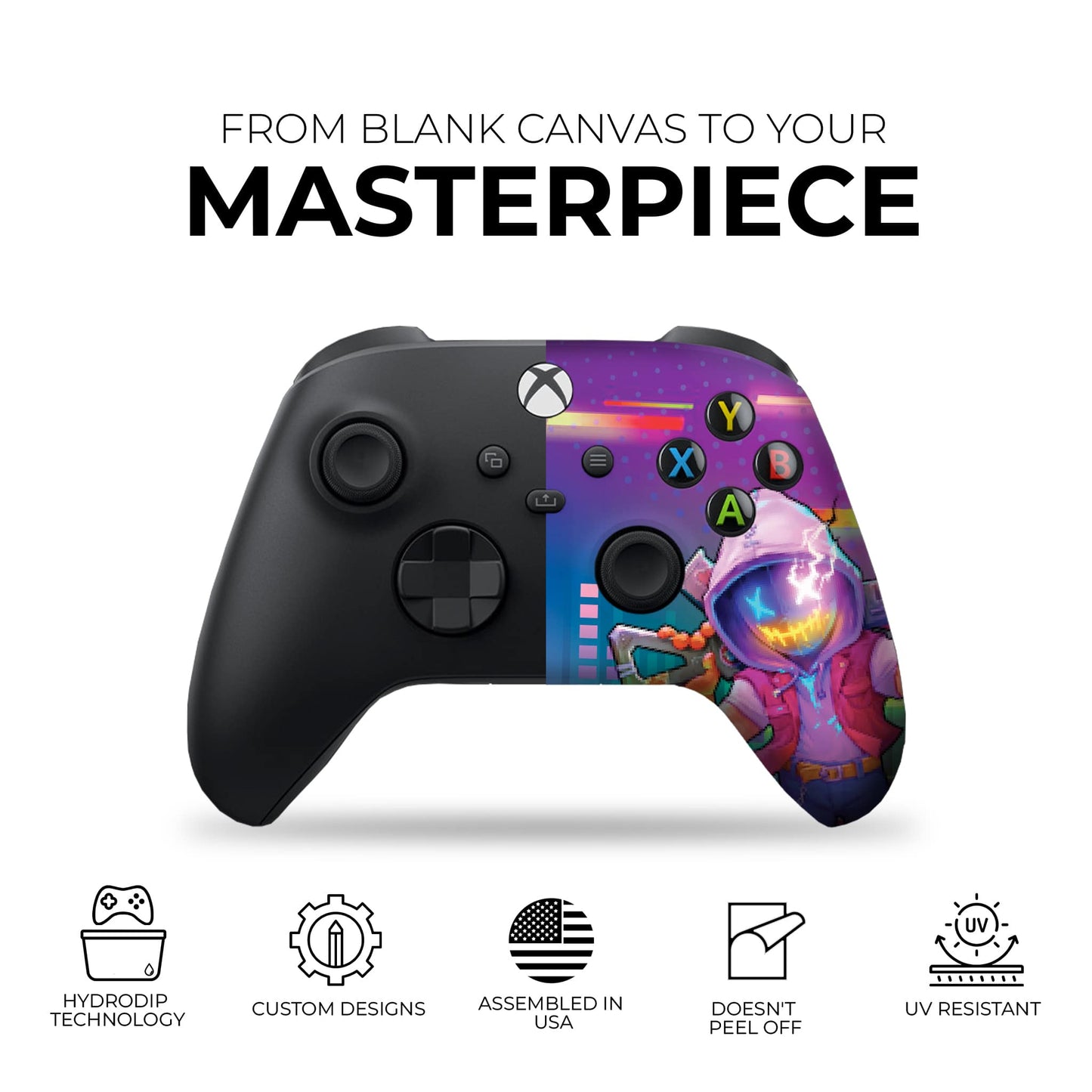 Black and purple gaming controller with neon skull and colorful character artwork on grip.