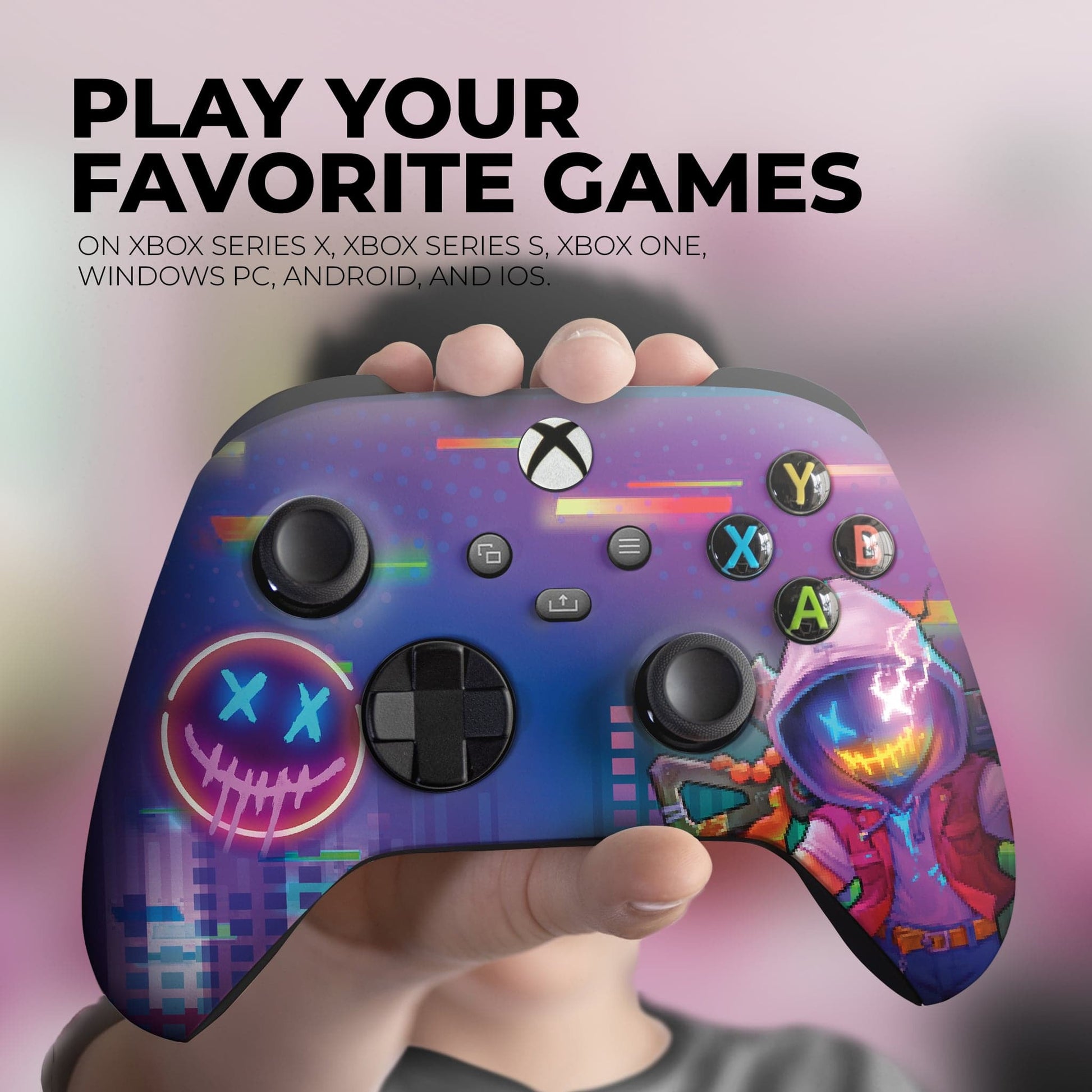 Purple controller with neon skull design; close-up view of ABXY buttons and triggers.