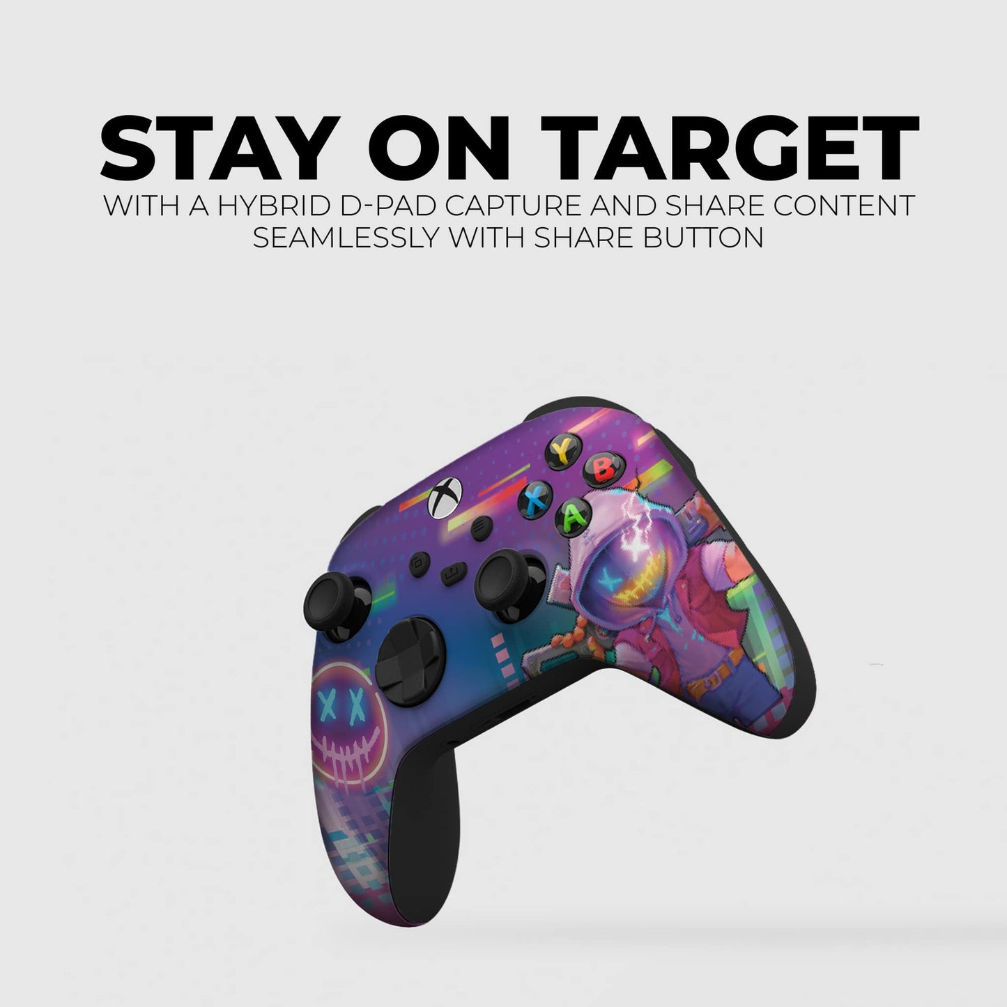 Purple gaming controller with neon skull artwork and angled view of face buttons and sticks.