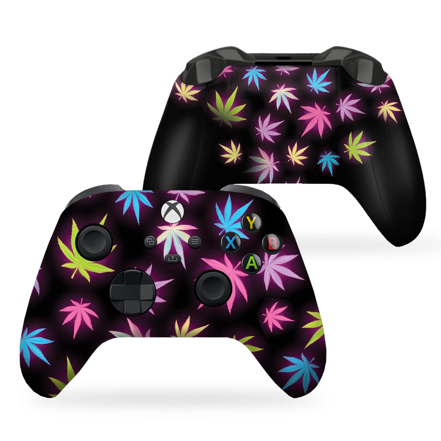Two black Xbox controllers with neon cannabis leaf patterns and colored button icons