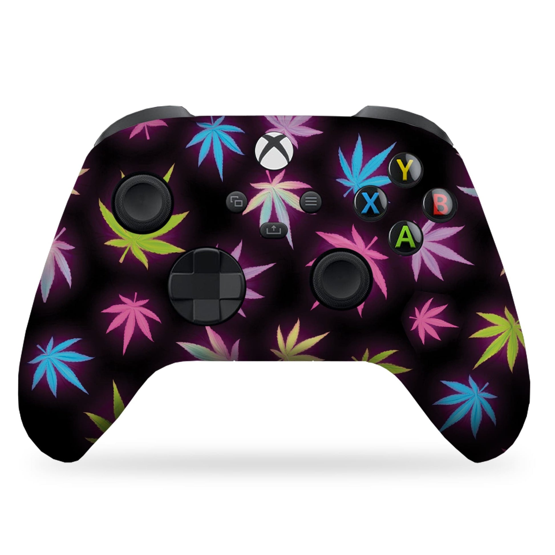 Black Xbox controller with neon cannabis leaf graphic and thumbsticks