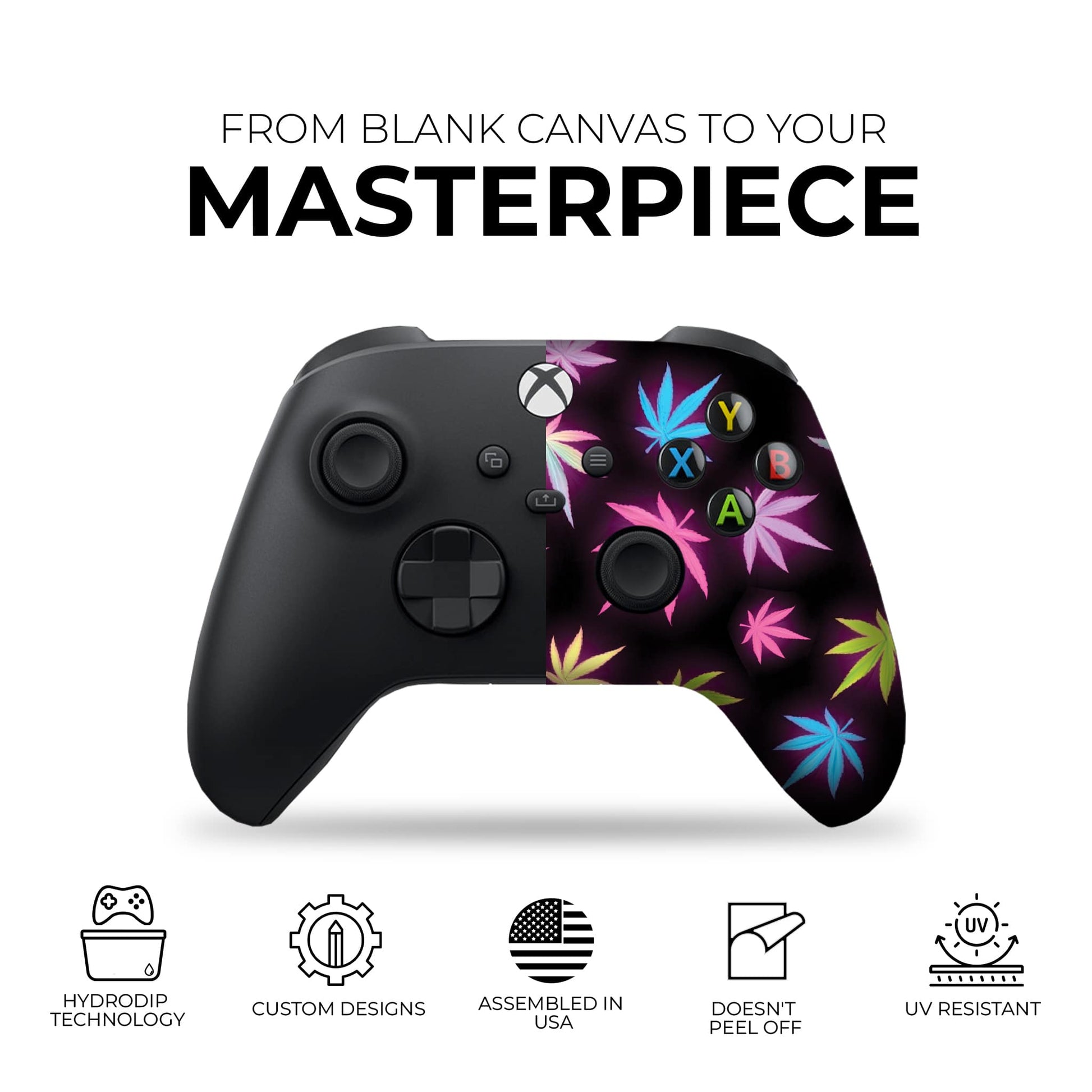 Black Xbox controller with neon cannabis leaf pattern, D-pad and thumbsticks