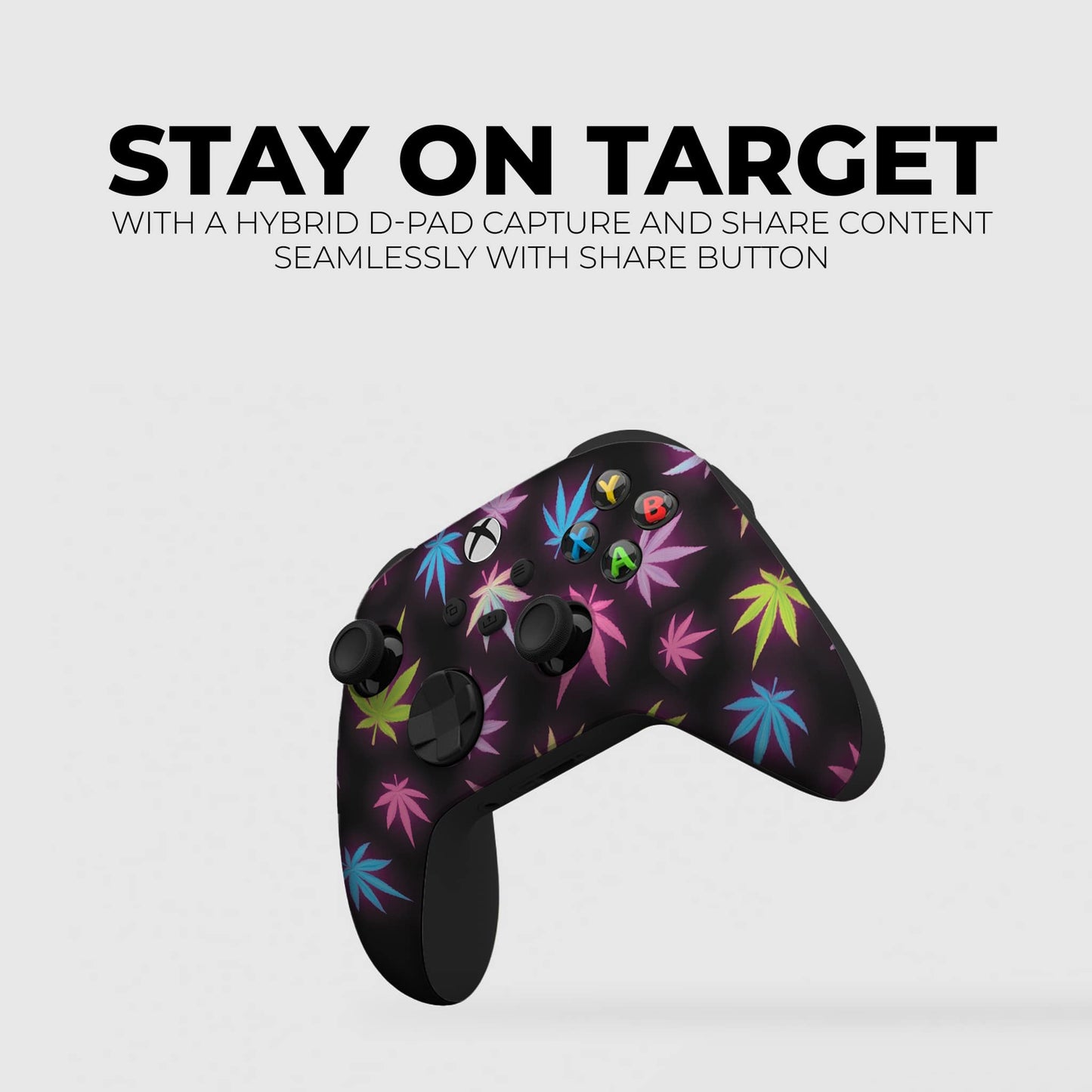 Black Xbox controller with neon cannabis leaf pattern, angled side view
