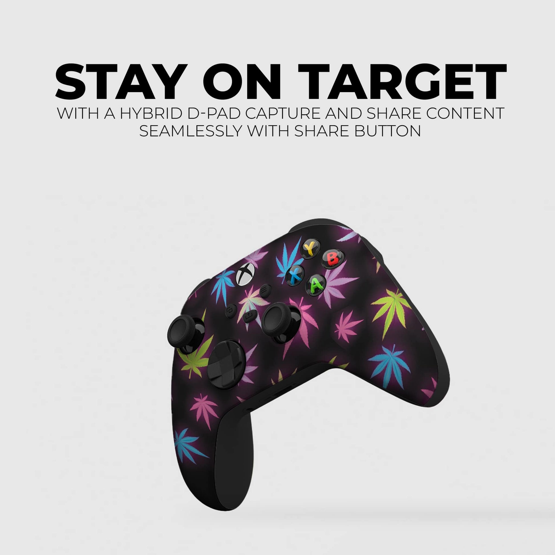 Black Xbox controller with neon cannabis leaf pattern, angled side view