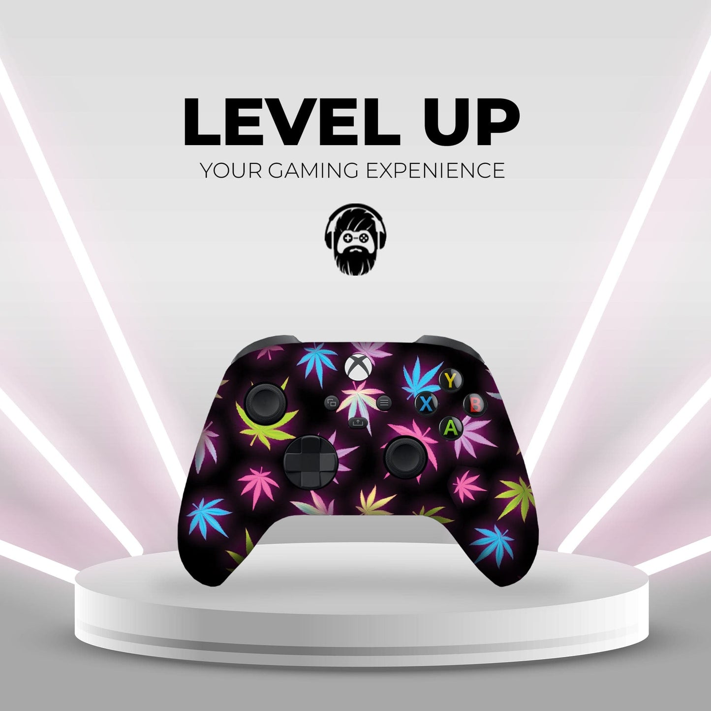 Black Xbox controller with neon cannabis leaf pattern and colored button icons