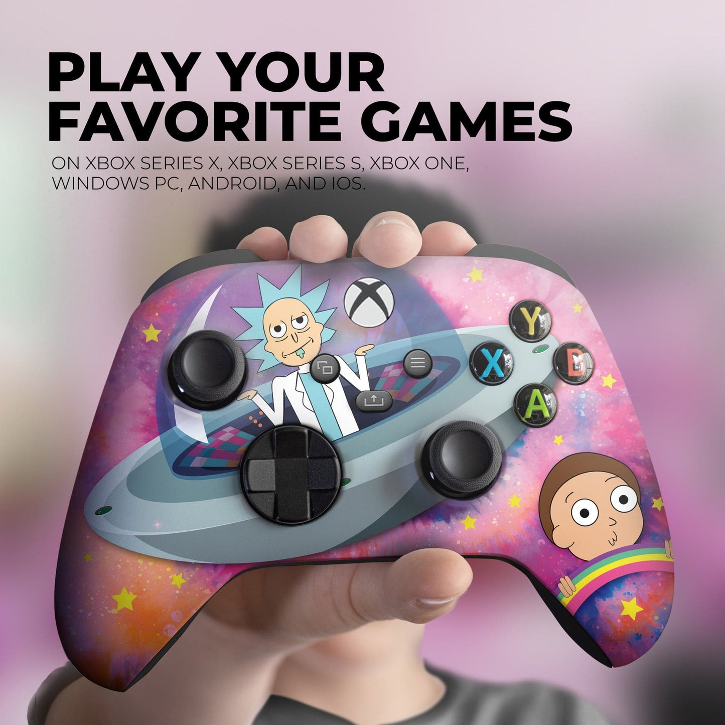 Xbox Series X/S gaming controller held in hand, purple galaxy character artwork visible