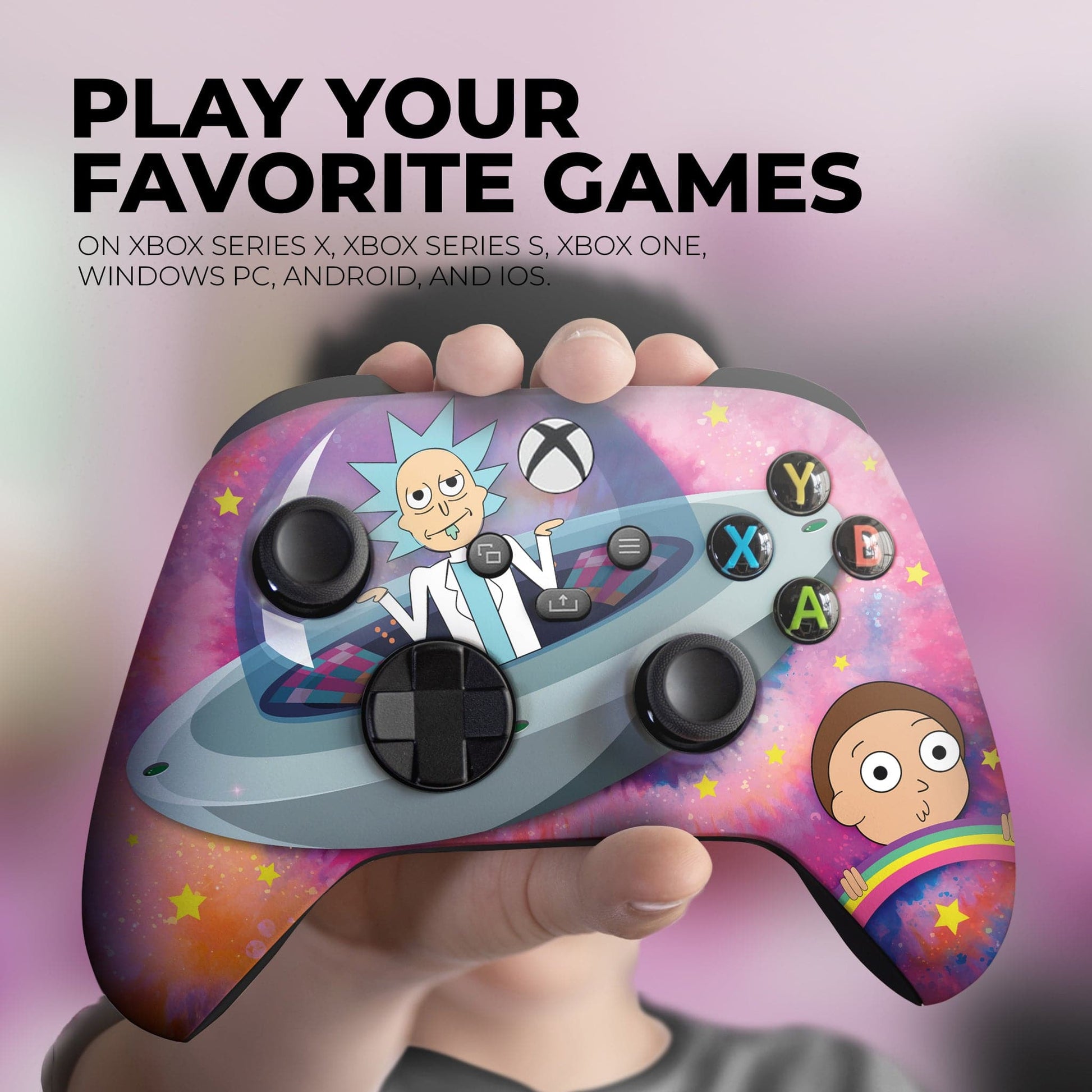 Xbox Series X/S gaming controller held in hand, purple galaxy character artwork visible