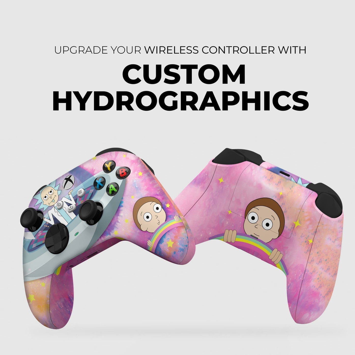 Pair of Xbox Series X/S gaming controllers with purple galaxy and character hydrographic prints