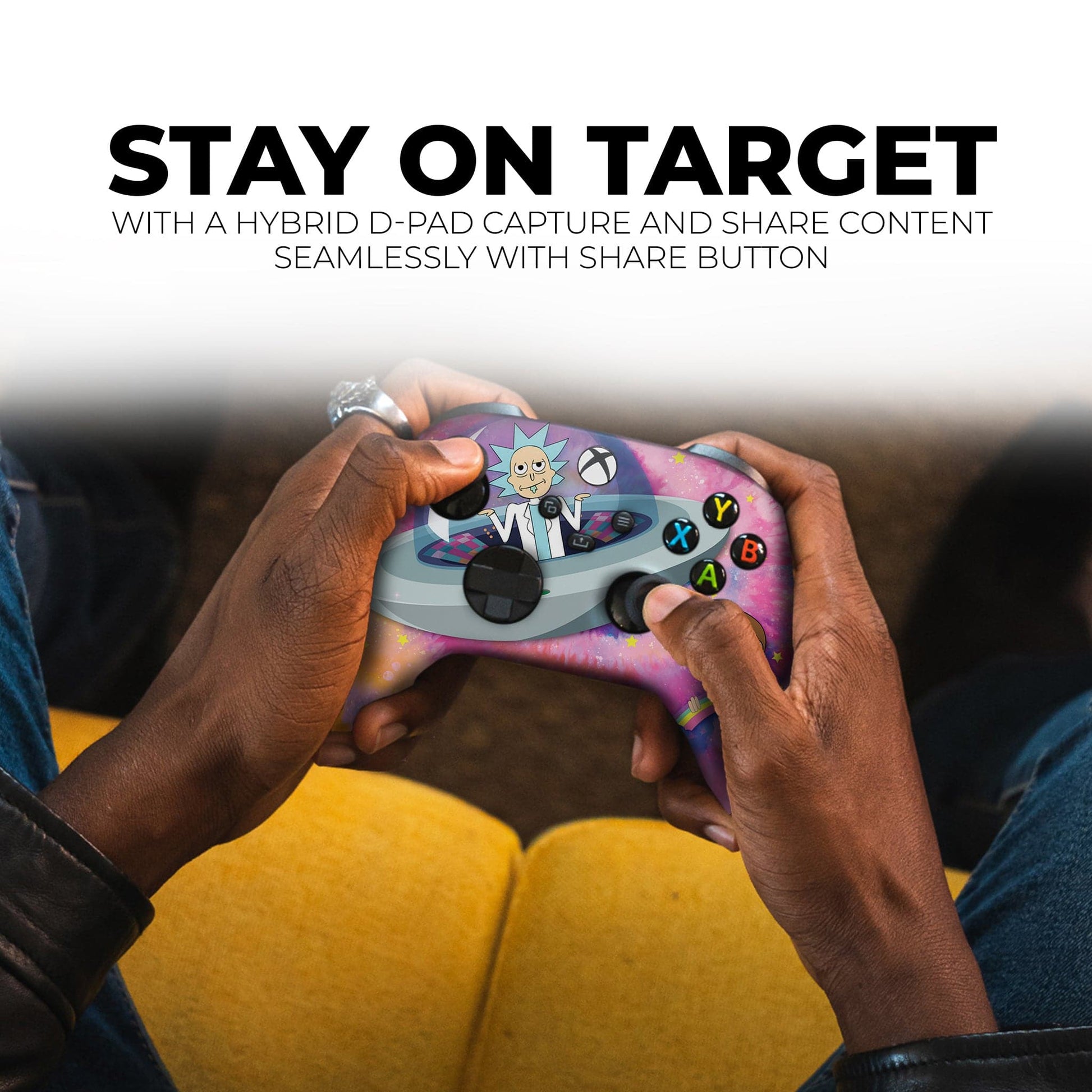 Xbox Series X/S gaming controller in hands, purple galaxy faceplate with character artwork