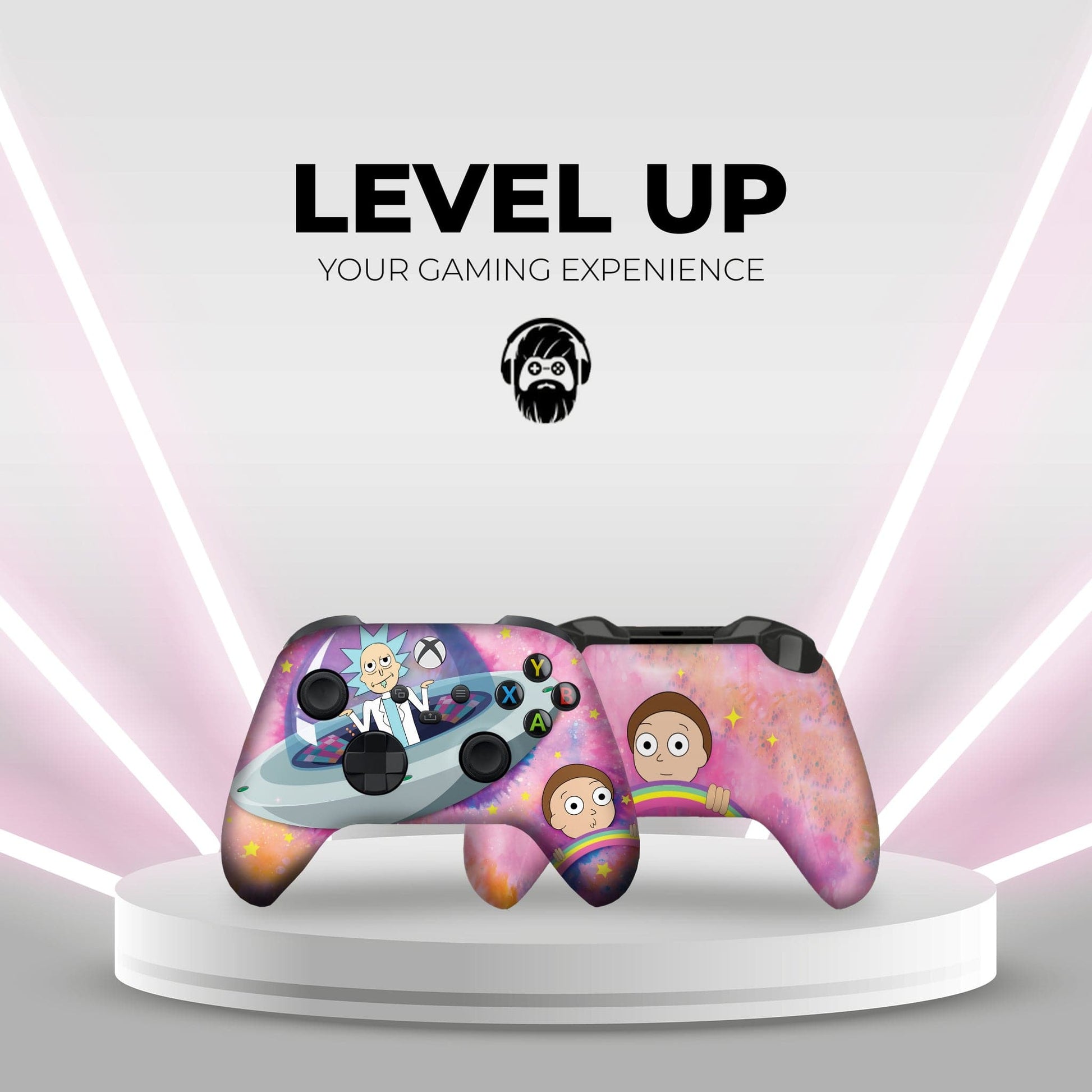 Xbox Series X/S gaming controller on display stand with purple galaxy character graphics