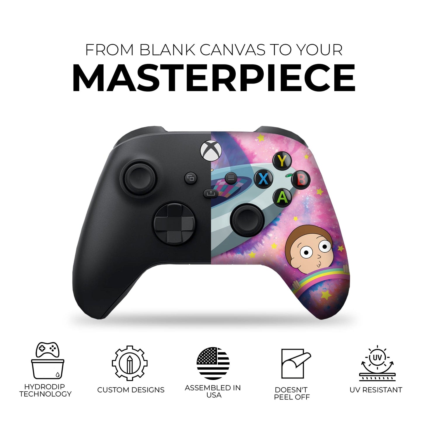 Xbox Series X/S gaming controller front with dark face and purple galaxy character design