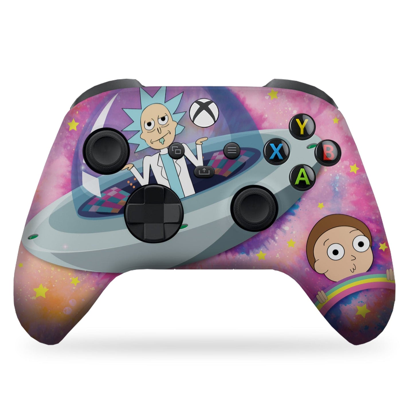 Xbox Series X/S gaming controller with purple galaxy art and character graphic on front